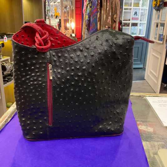 Vintage Italian Large Red and Black Leather Convertble Shoulder Bag or Backpack, Faux Ostrich Embossed Leather