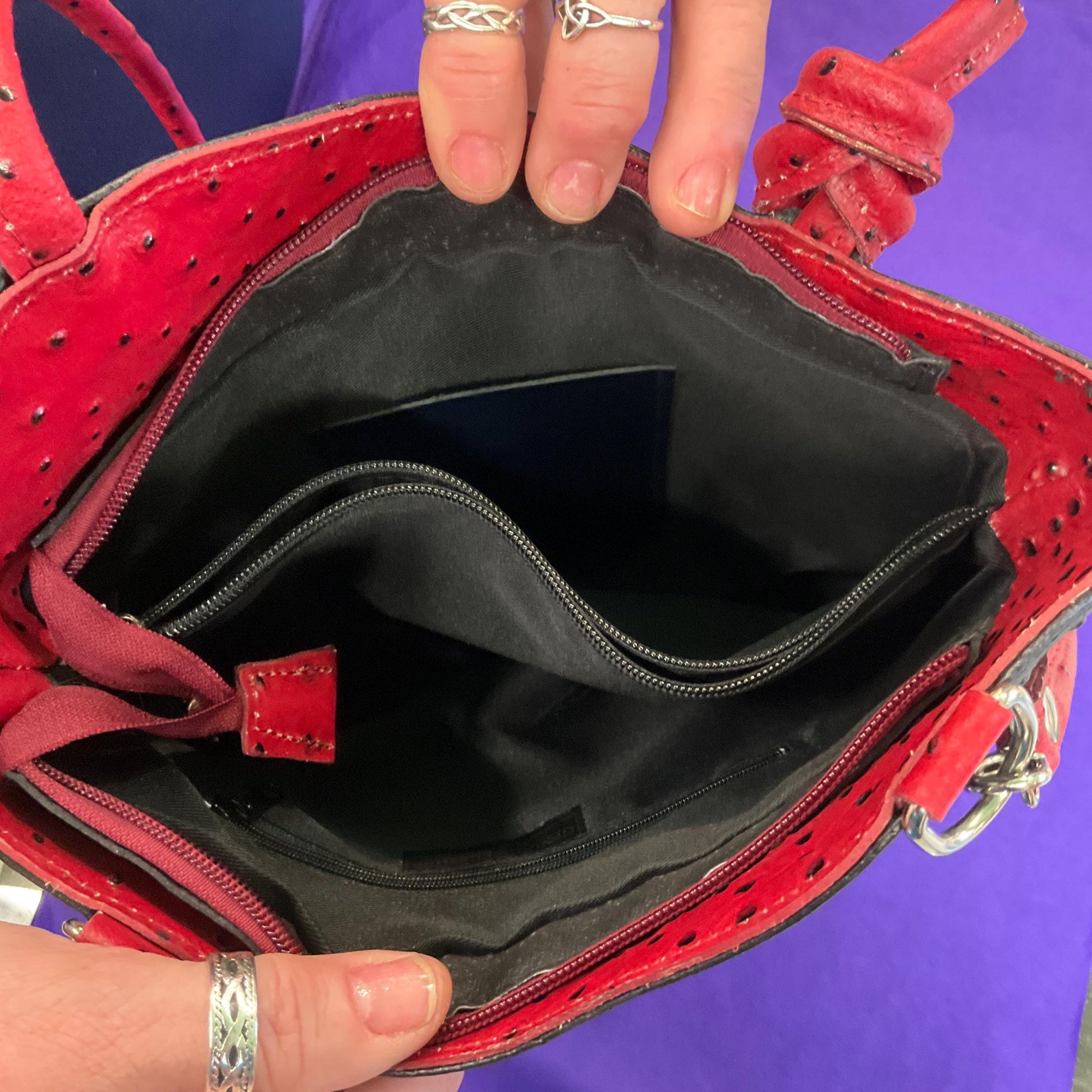 Vintage Italian Large Red and Black Leather Convertble Shoulder Bag or Backpack, Faux Ostrich Embossed Leather