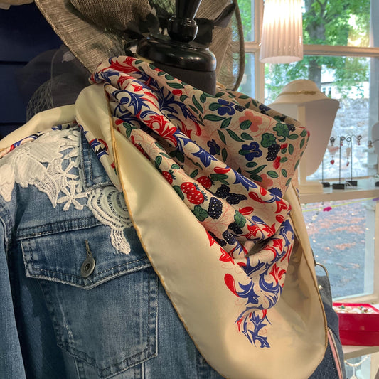 Vintage BECKFORD SILK Handprinted Large Heraldic Silk Scarf, Shades of Red, blue, gold and green onto a rich cream background