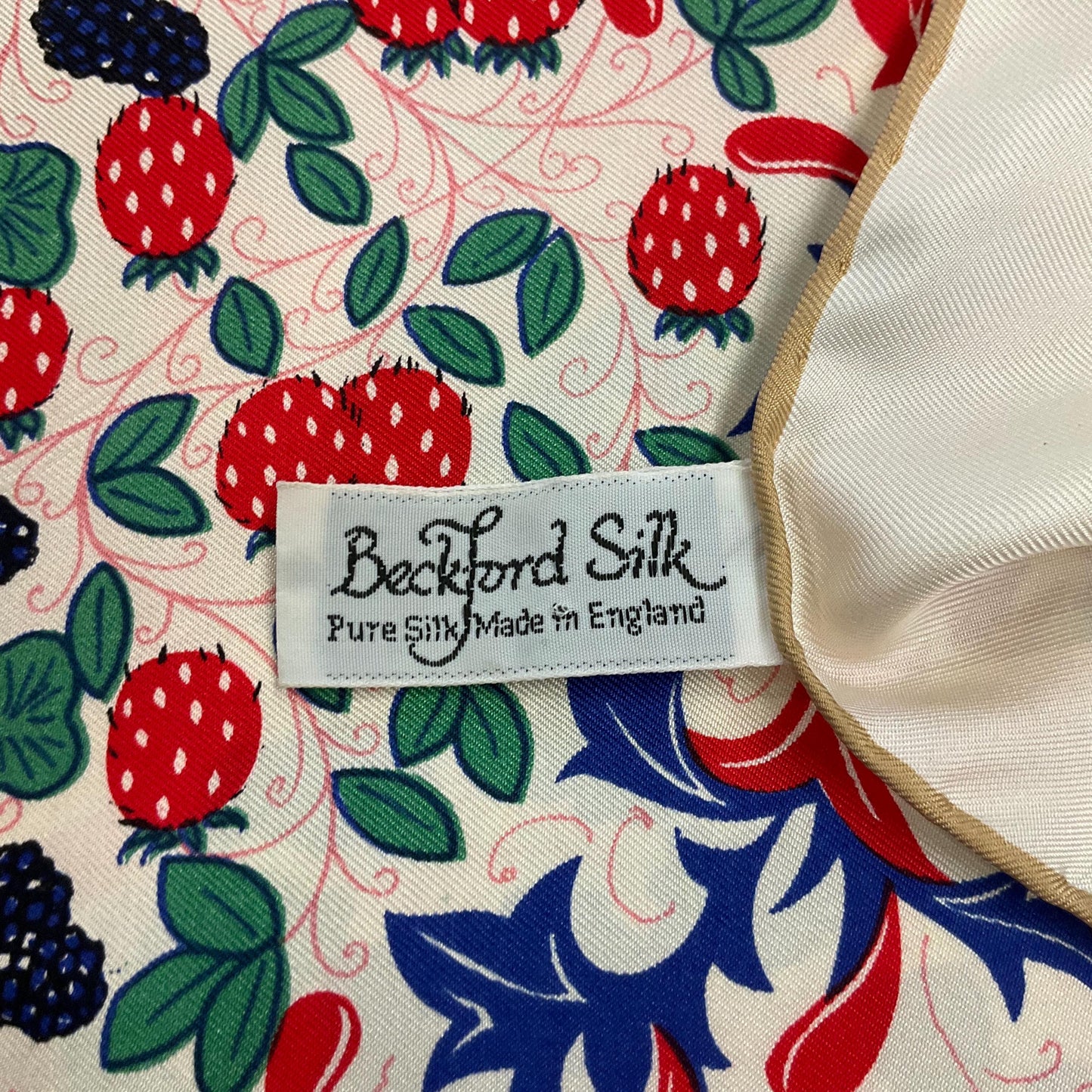 Vintage BECKFORD SILK Handprinted Large Heraldic Silk Scarf, Shades of Red, blue, gold and green onto a rich cream background