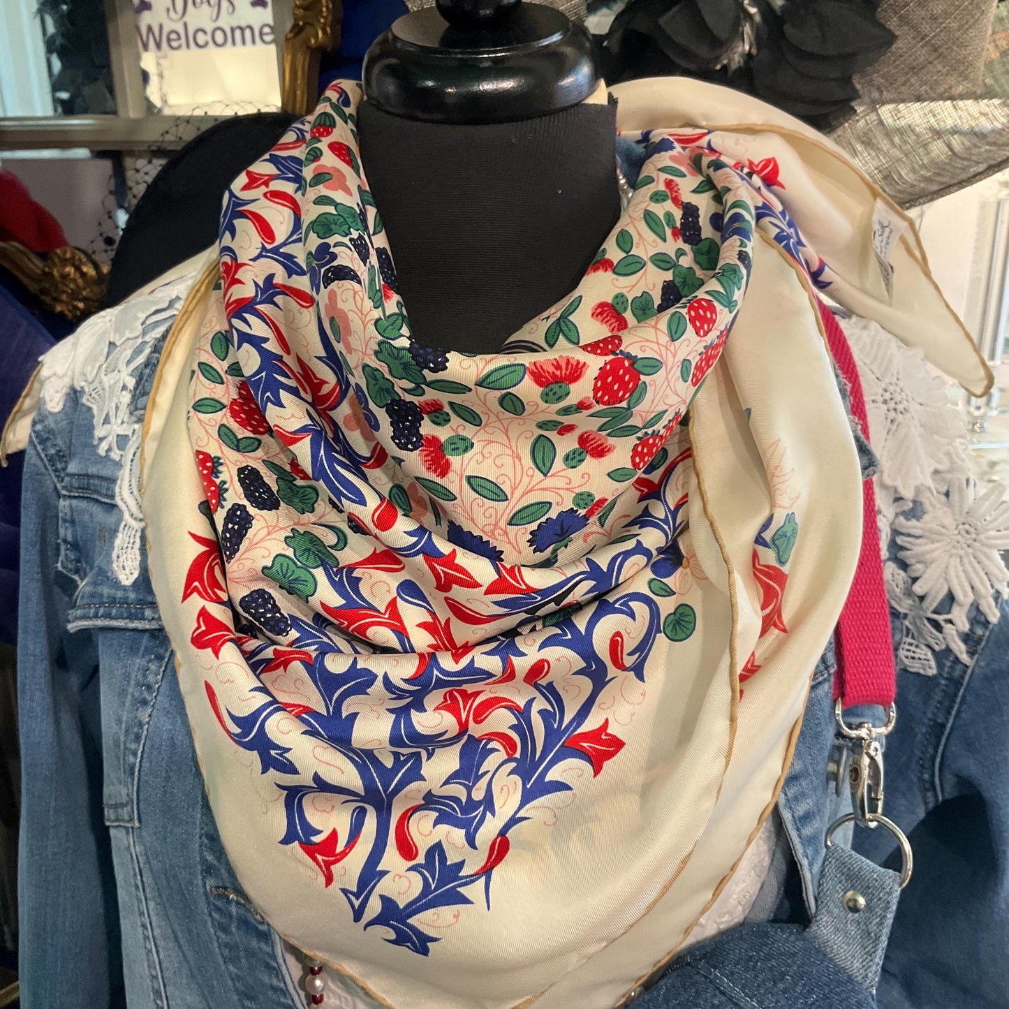 Vintage BECKFORD SILK Handprinted Large Heraldic Silk Scarf, Shades of Red, blue, gold and green onto a rich cream background