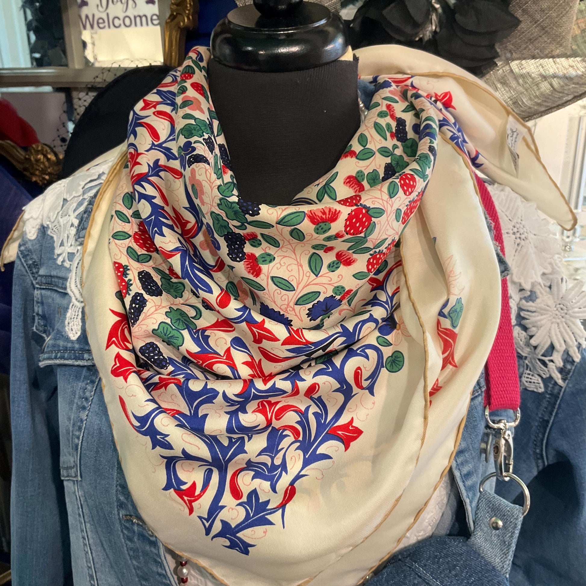Vintage BECKFORD SILK Handprinted Large Heraldic Silk Scarf, Shades of Red, blue, gold and green onto a rich cream background