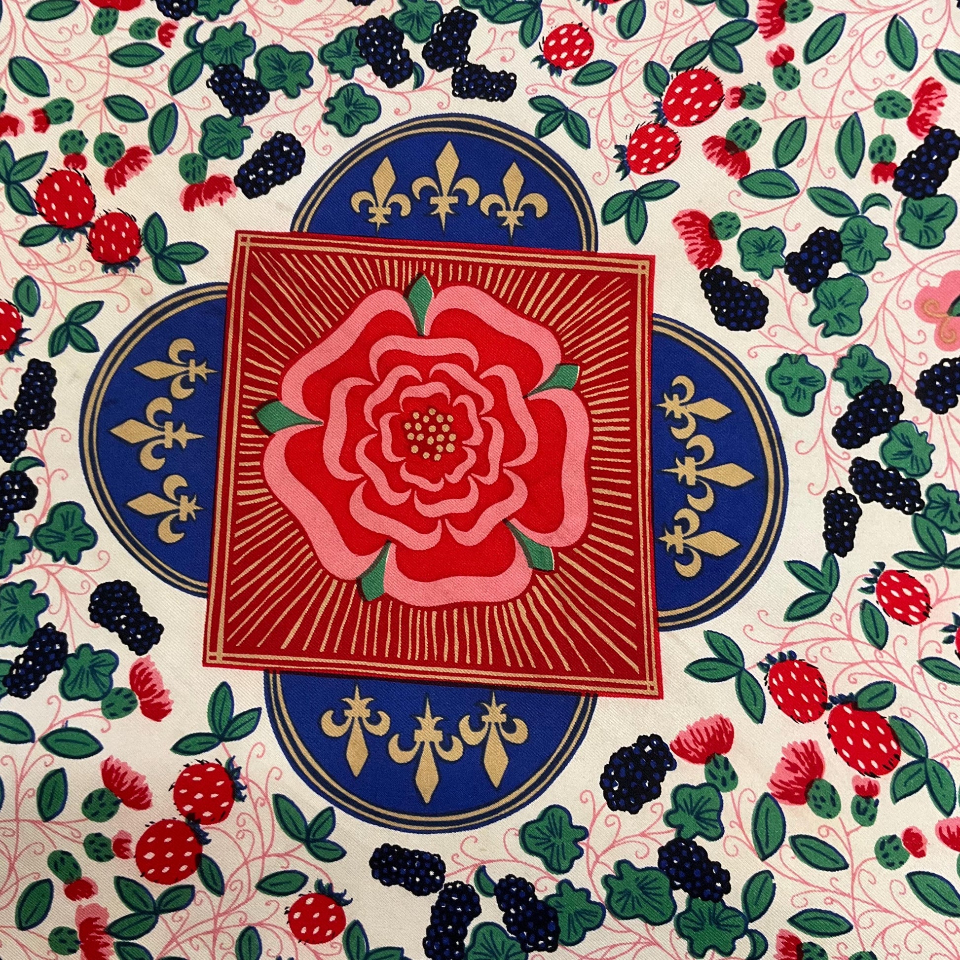 Vintage BECKFORD SILK Handprinted Large Heraldic Silk Scarf, Shades of Red, blue, gold and green onto a rich cream background