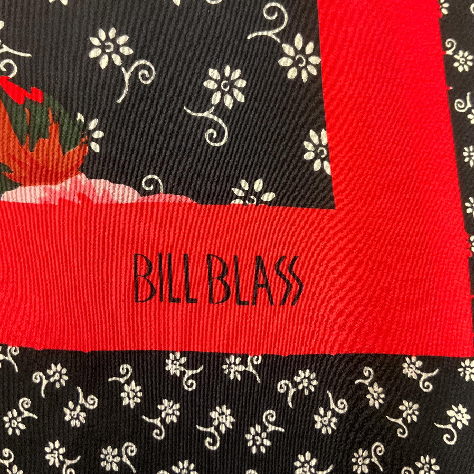 Vintage BILL BLASS Red, cream and Black Roses Pure Silk Scarf, large roses ditsy floral botders