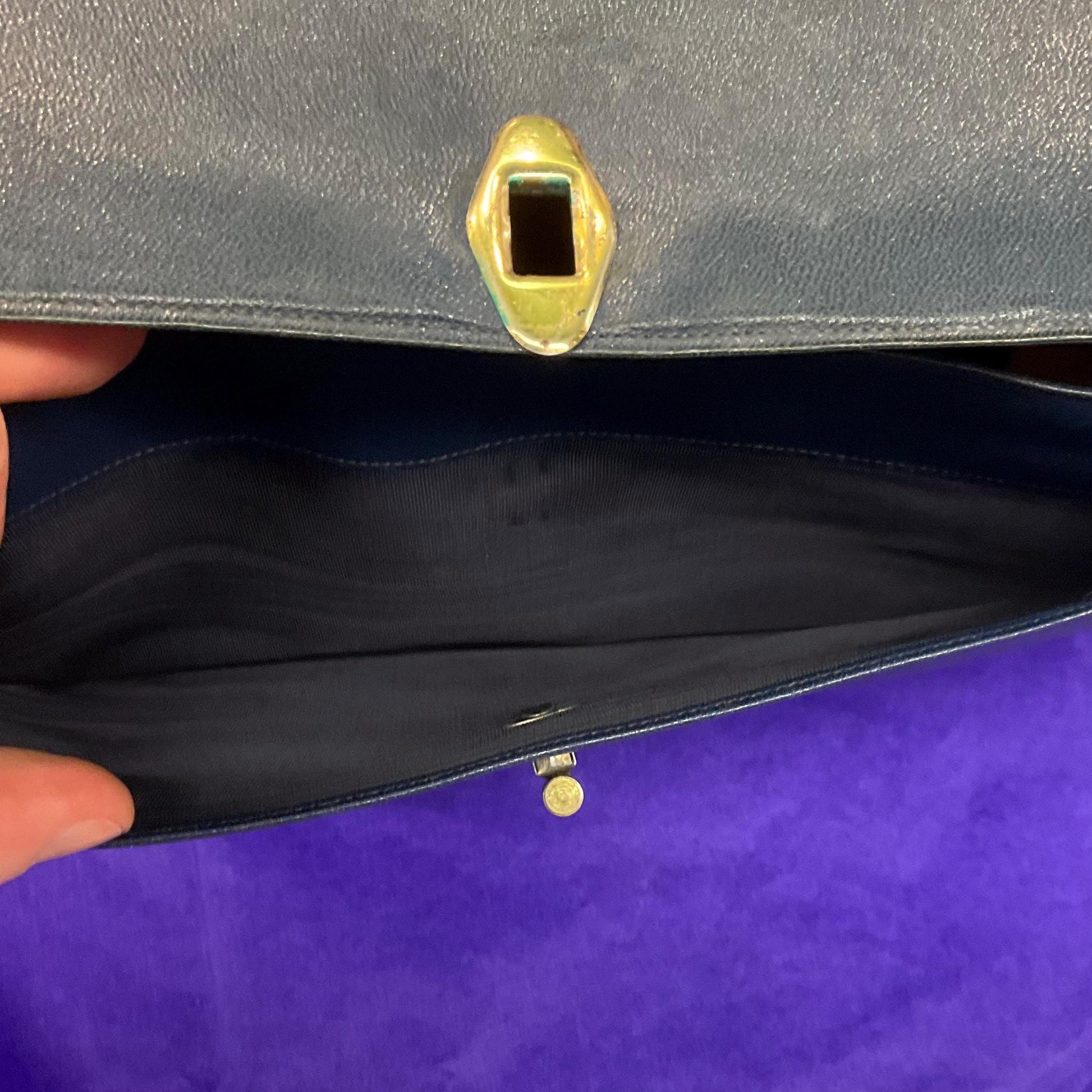 Vintage 1940s Blue Leather Clutch bag by DAVIS OF PICADILLY, Original vanity mirror and Coin Purse inside