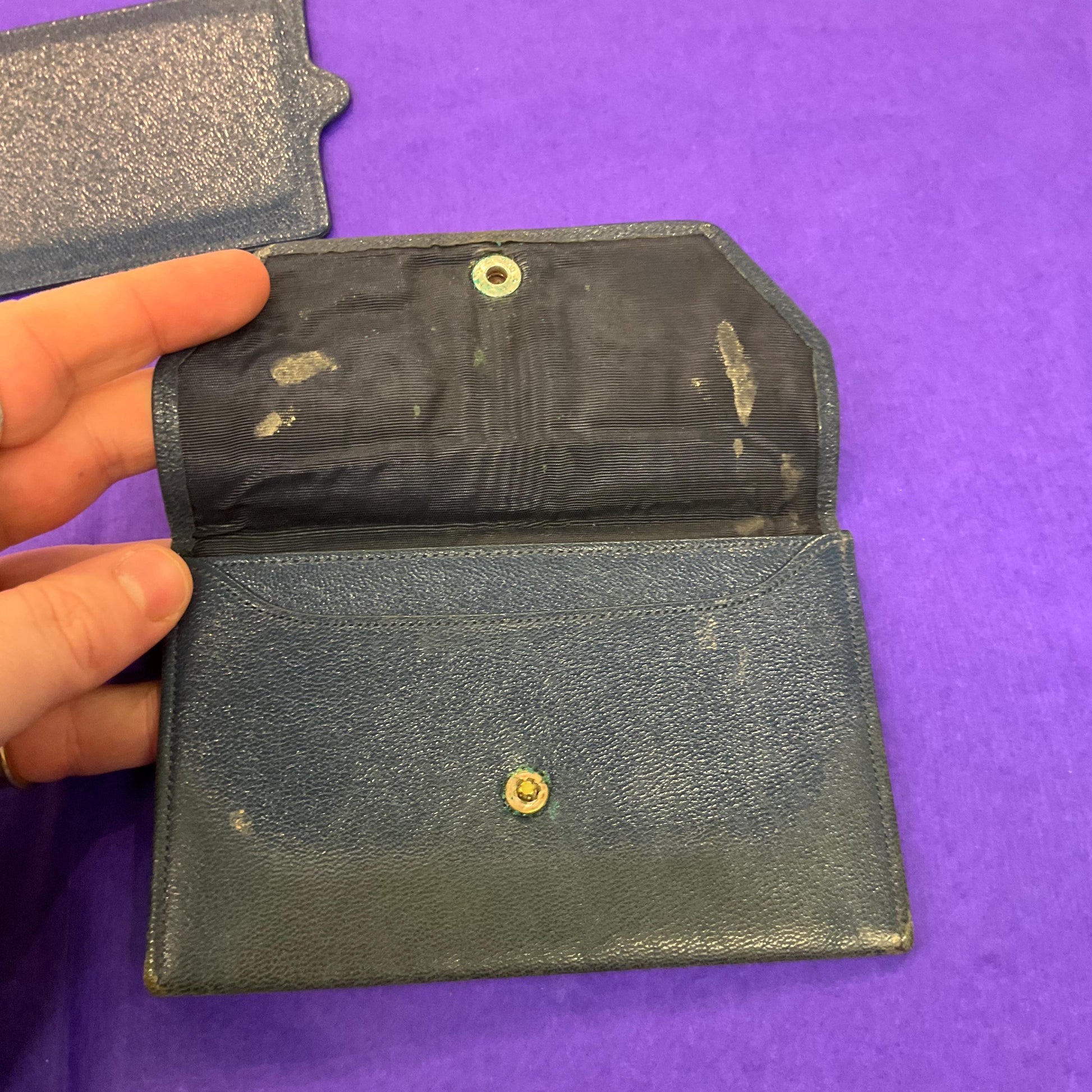 Vintage 1940s Blue Leather Clutch bag by DAVIS OF PICADILLY, Original vanity mirror and Coin Purse inside