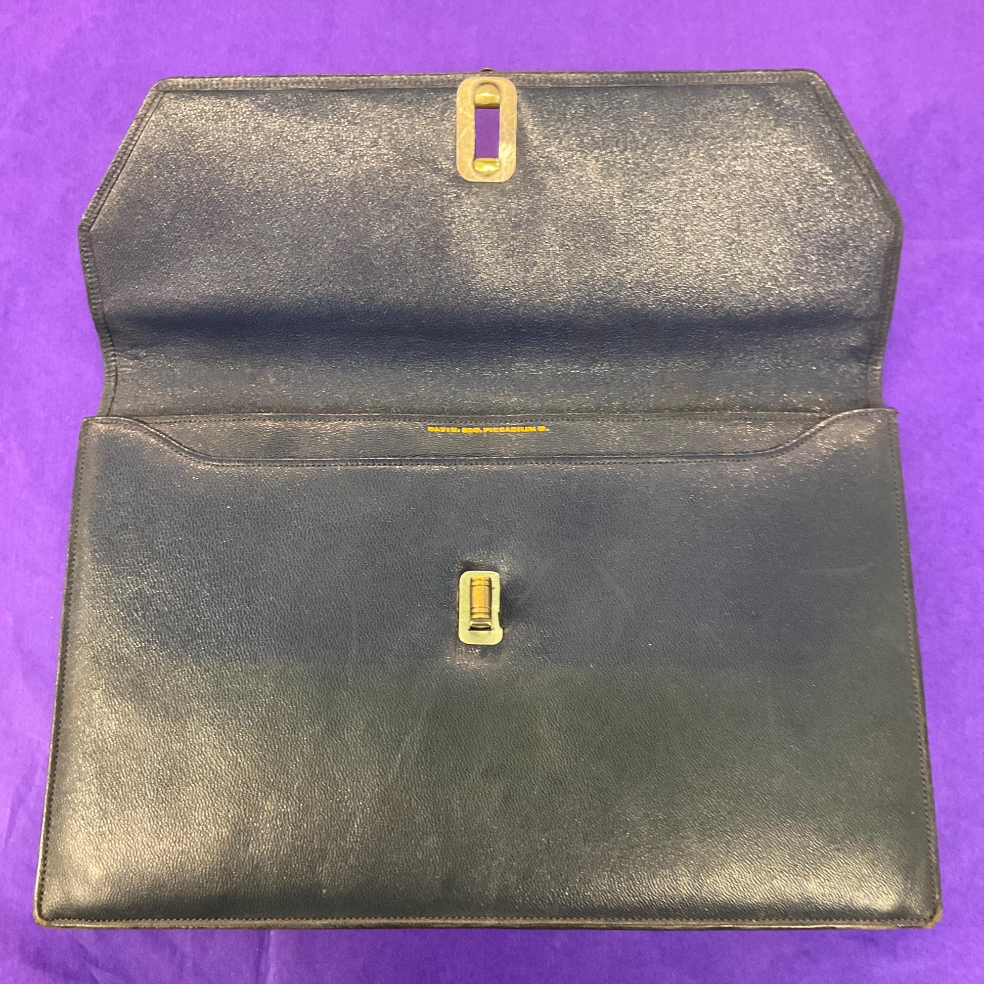 Vintage 1940s Blue Leather Clutch bag by DAVIS OF PICADILLY, Original vanity mirror and Coin Purse inside