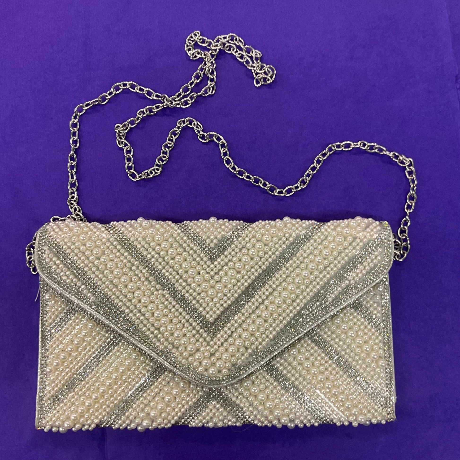 Vintage Silver Faux Leather, Crystal and Faux Pearl Clutch/ Shoulder Evening Bag