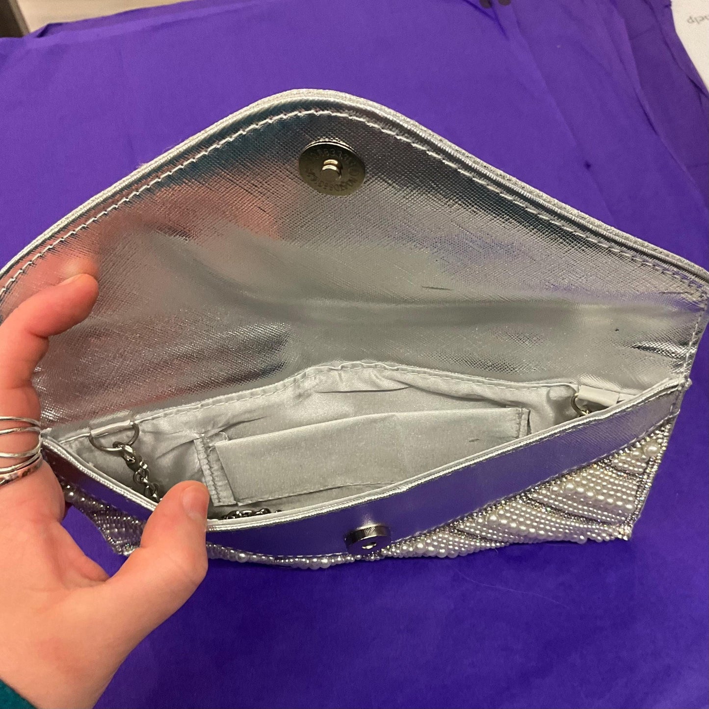 Vintage Silver Faux Leather, Crystal and Faux Pearl Clutch/ Shoulder Evening Bag