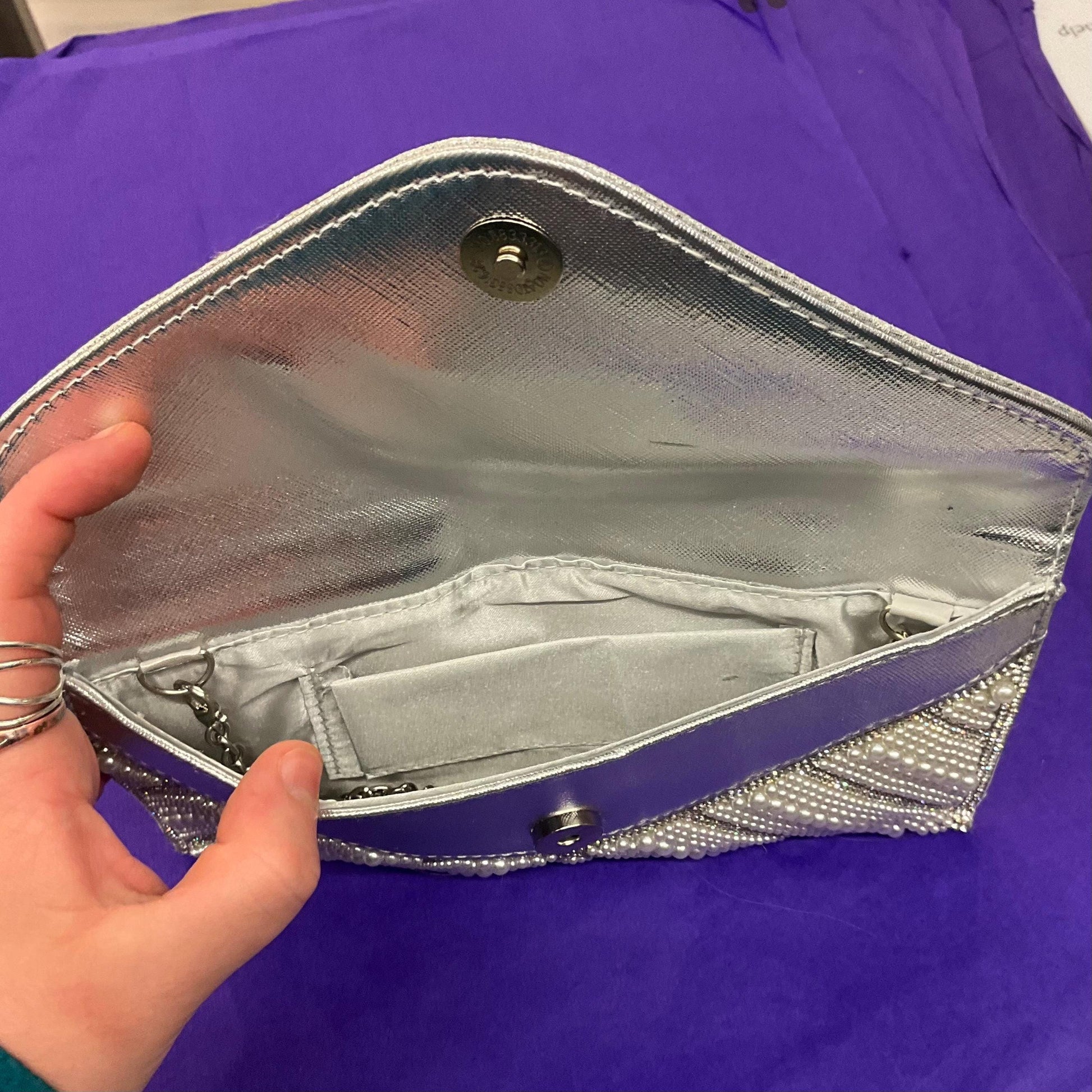 Vintage Silver Faux Leather, Crystal and Faux Pearl Clutch/ Shoulder Evening Bag