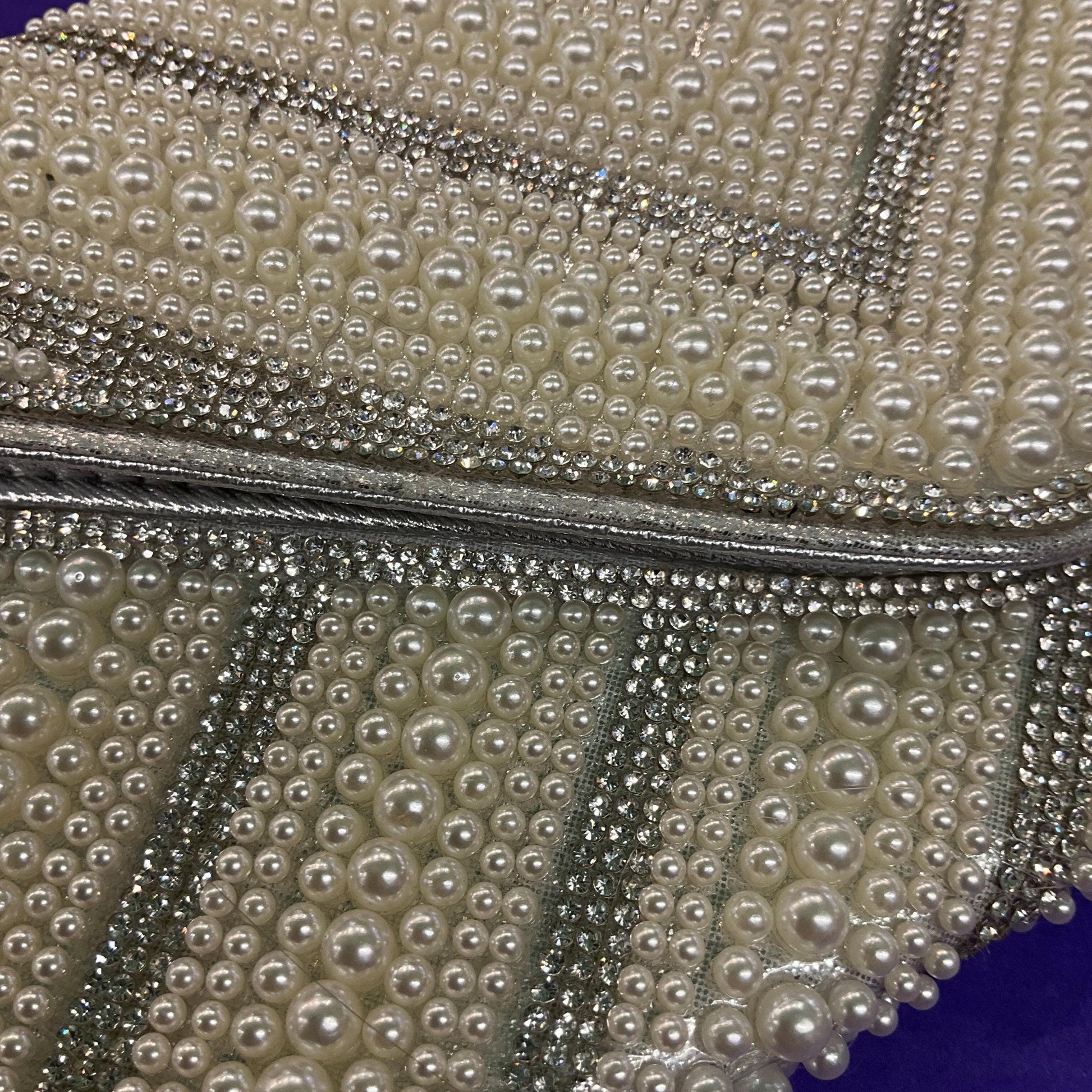 Vintage Silver Faux Leather, Crystal and Faux Pearl Clutch/ Shoulder Evening Bag