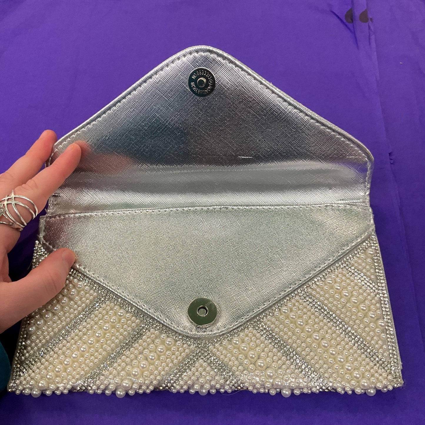 Vintage Silver Faux Leather, Crystal and Faux Pearl Clutch/ Shoulder Evening Bag