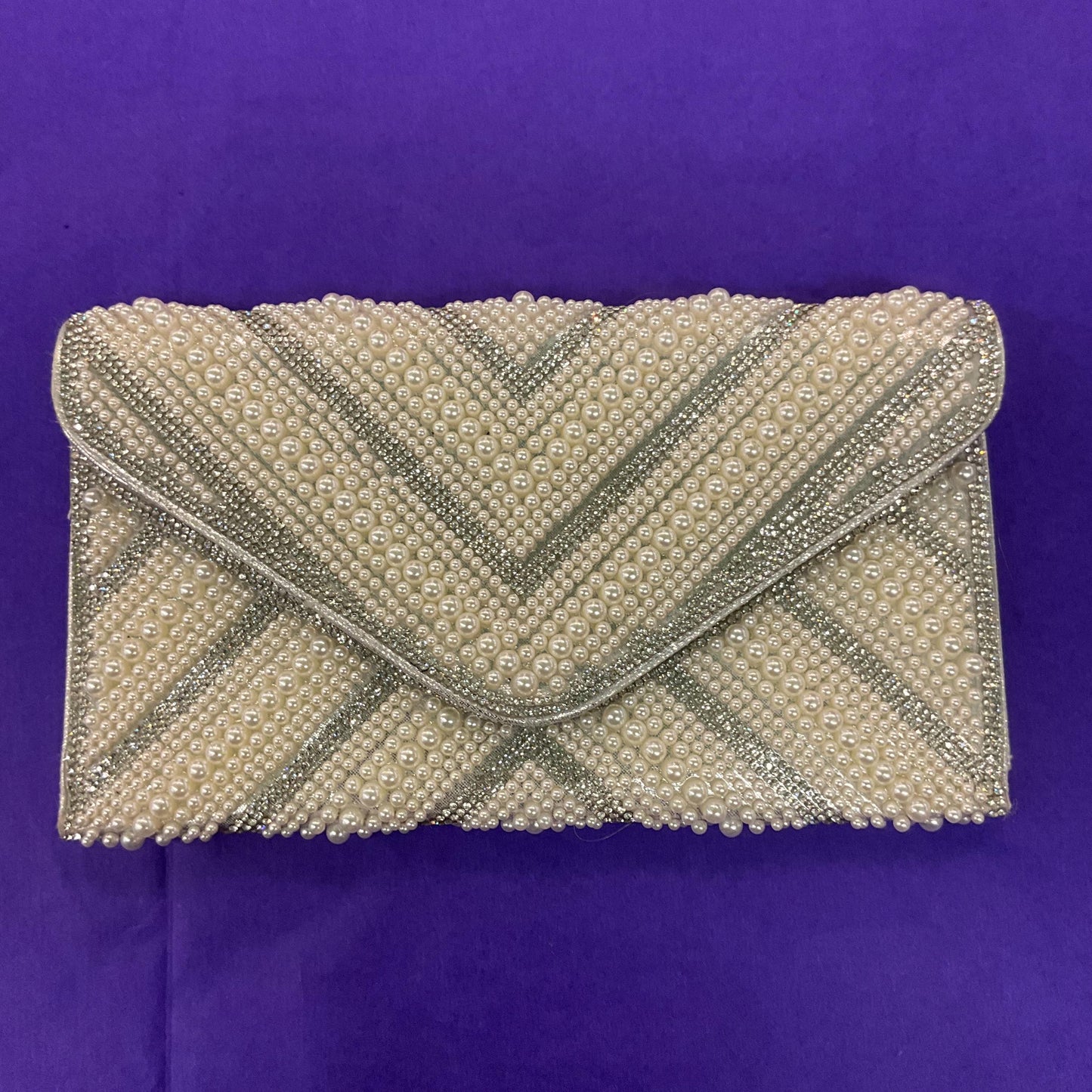 Vintage Silver Faux Leather, Crystal and Faux Pearl Clutch/ Shoulder Evening Bag