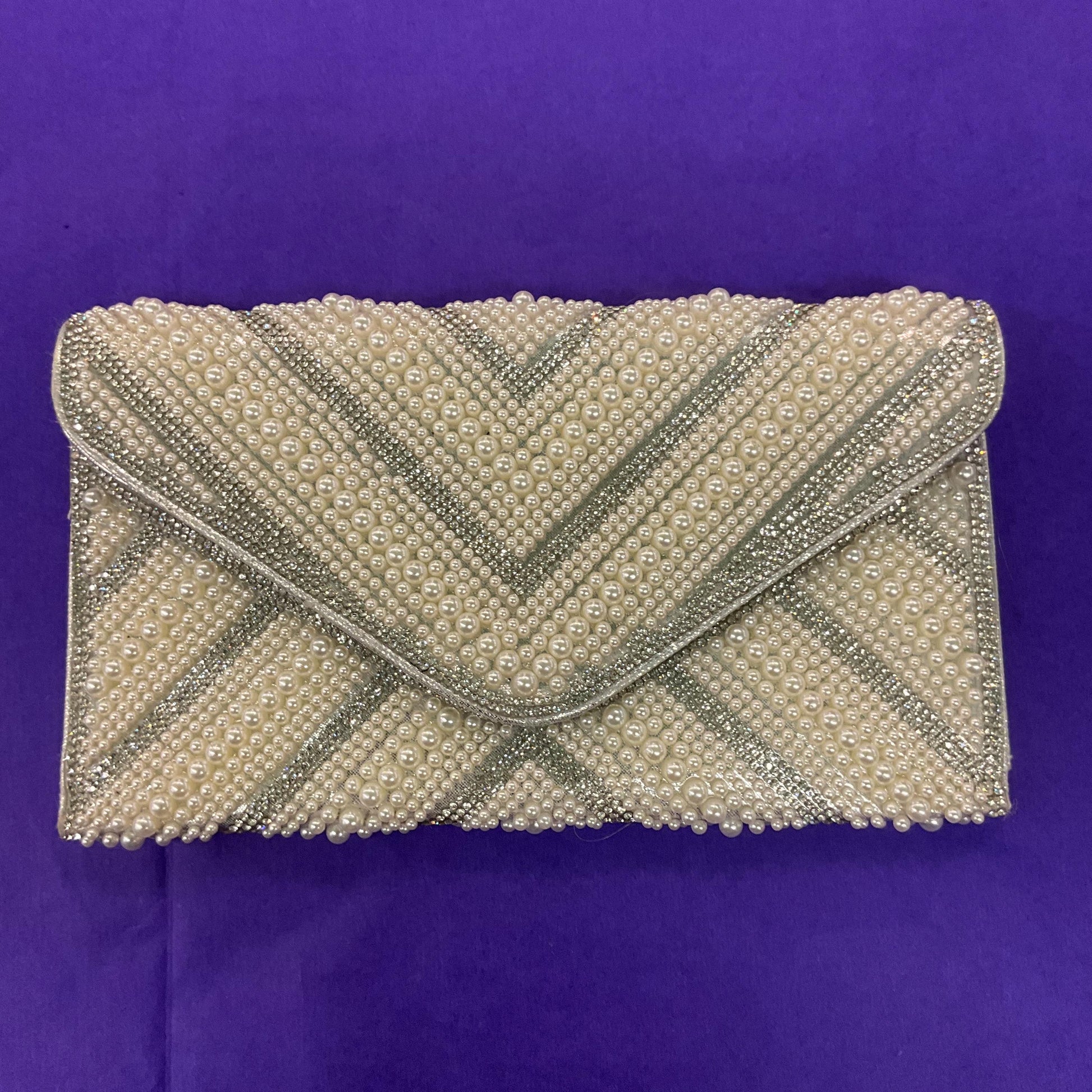 Vintage Silver Faux Leather, Crystal and Faux Pearl Clutch/ Shoulder Evening Bag