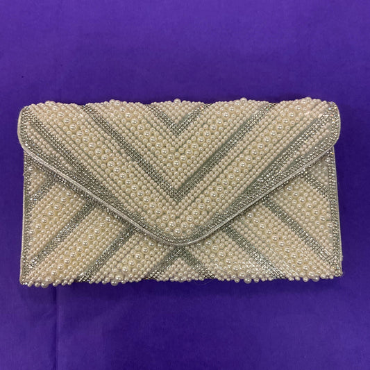 Vintage Silver Faux Leather, Crystal and Faux Pearl Clutch/ Shoulder Evening Bag