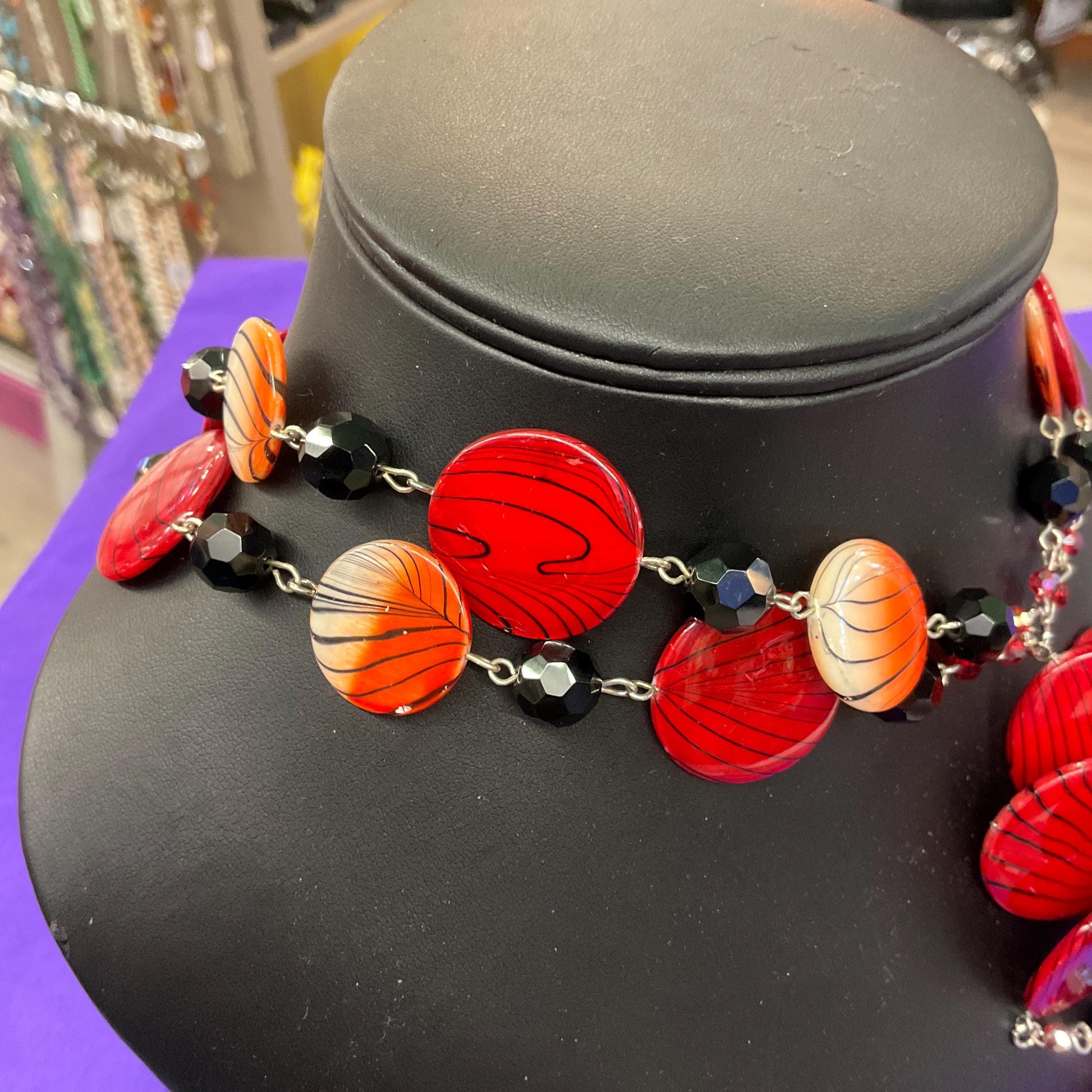 Vintage Butler and Wilson Bohemian Statement Red and Black Floral Necklace, Crystal and resin flowers