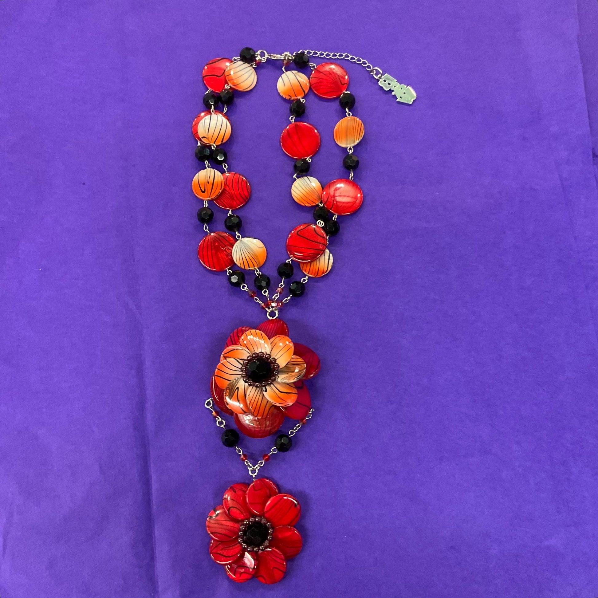 Vintage Butler and Wilson Bohemian Statement Red and Black Floral Necklace, Crystal and resin flowers