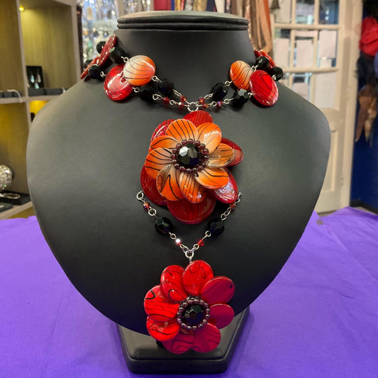 Vintage Butler and Wilson Bohemian Statement Red and Black Floral Necklace, Crystal and resin flowers