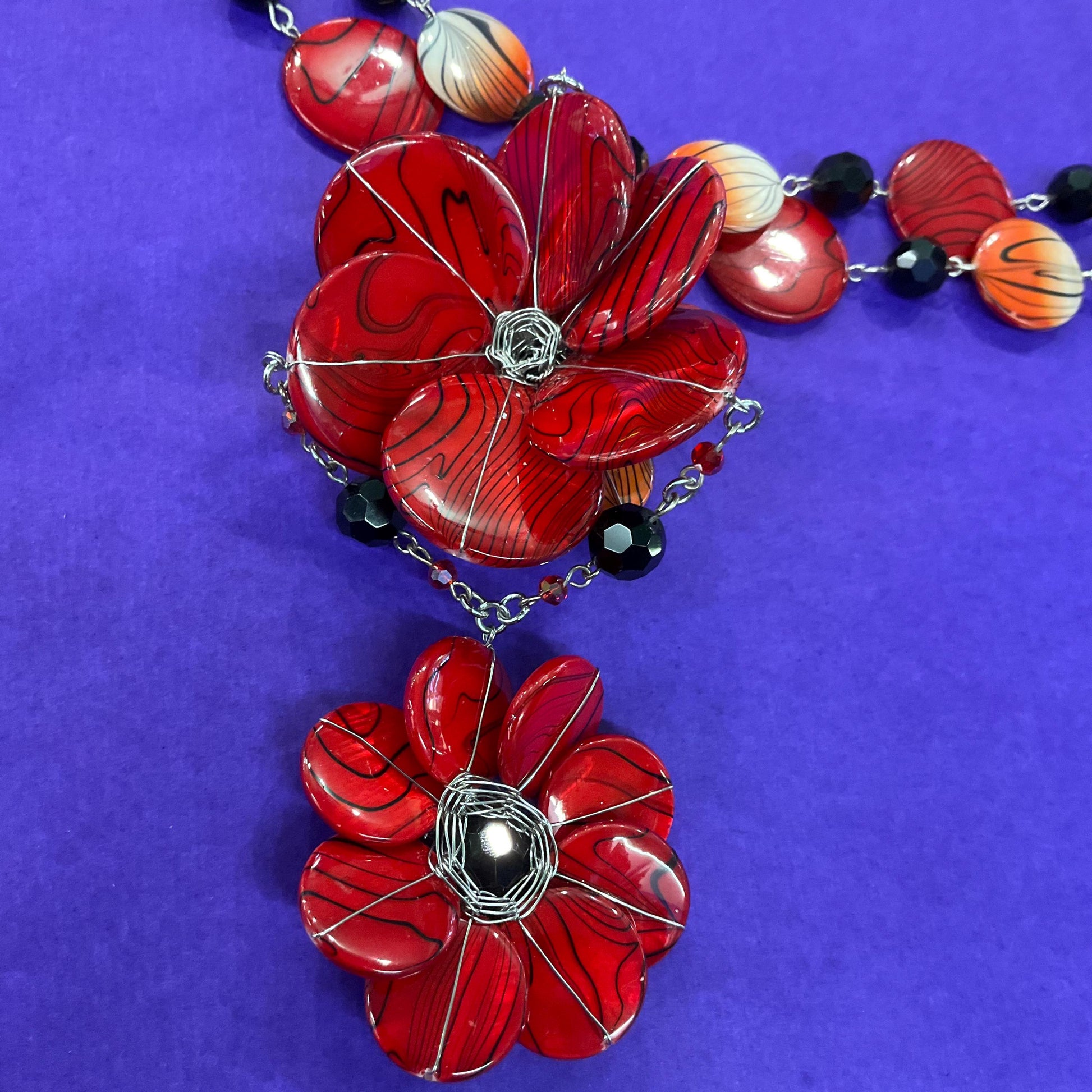 Vintage Butler and Wilson Bohemian Statement Red and Black Floral Necklace, Crystal and resin flowers