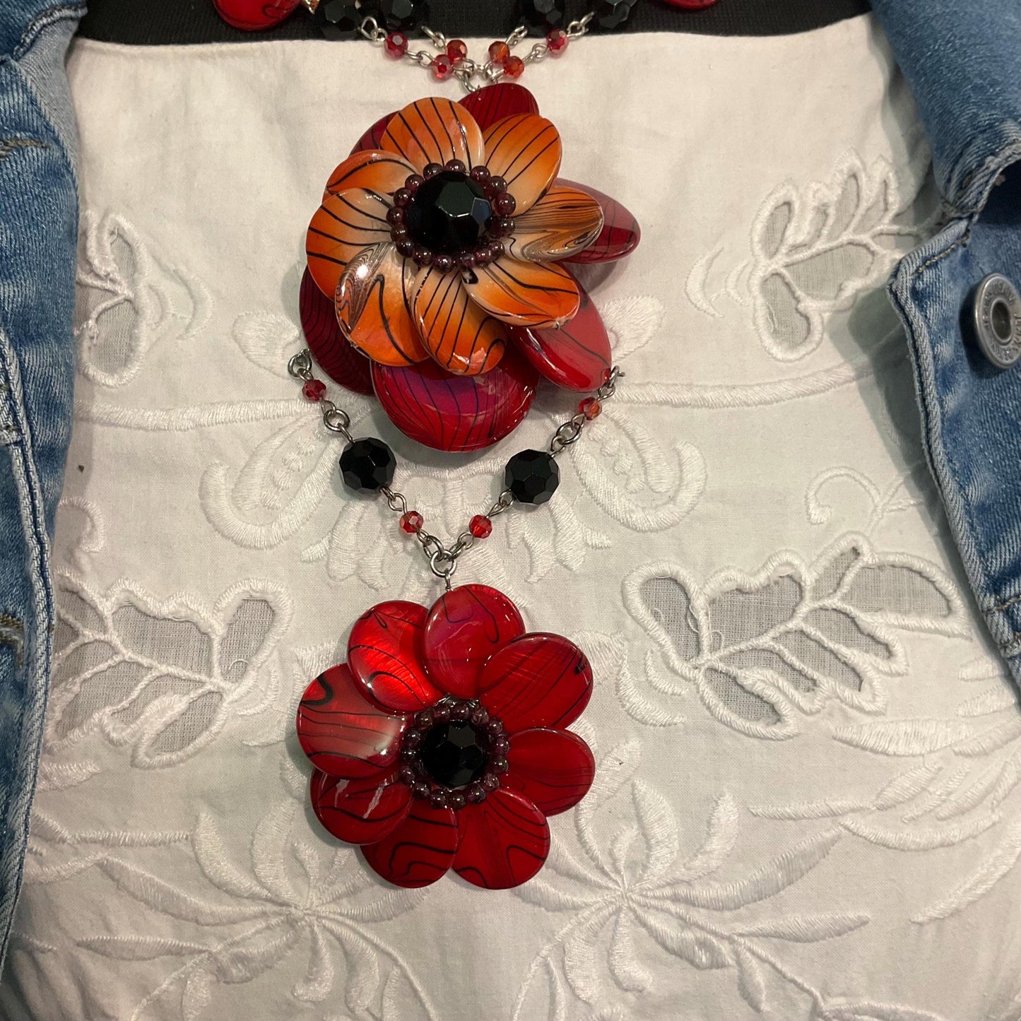 Vintage Butler and Wilson Bohemian Statement Red and Black Floral Necklace, Crystal and resin flowers