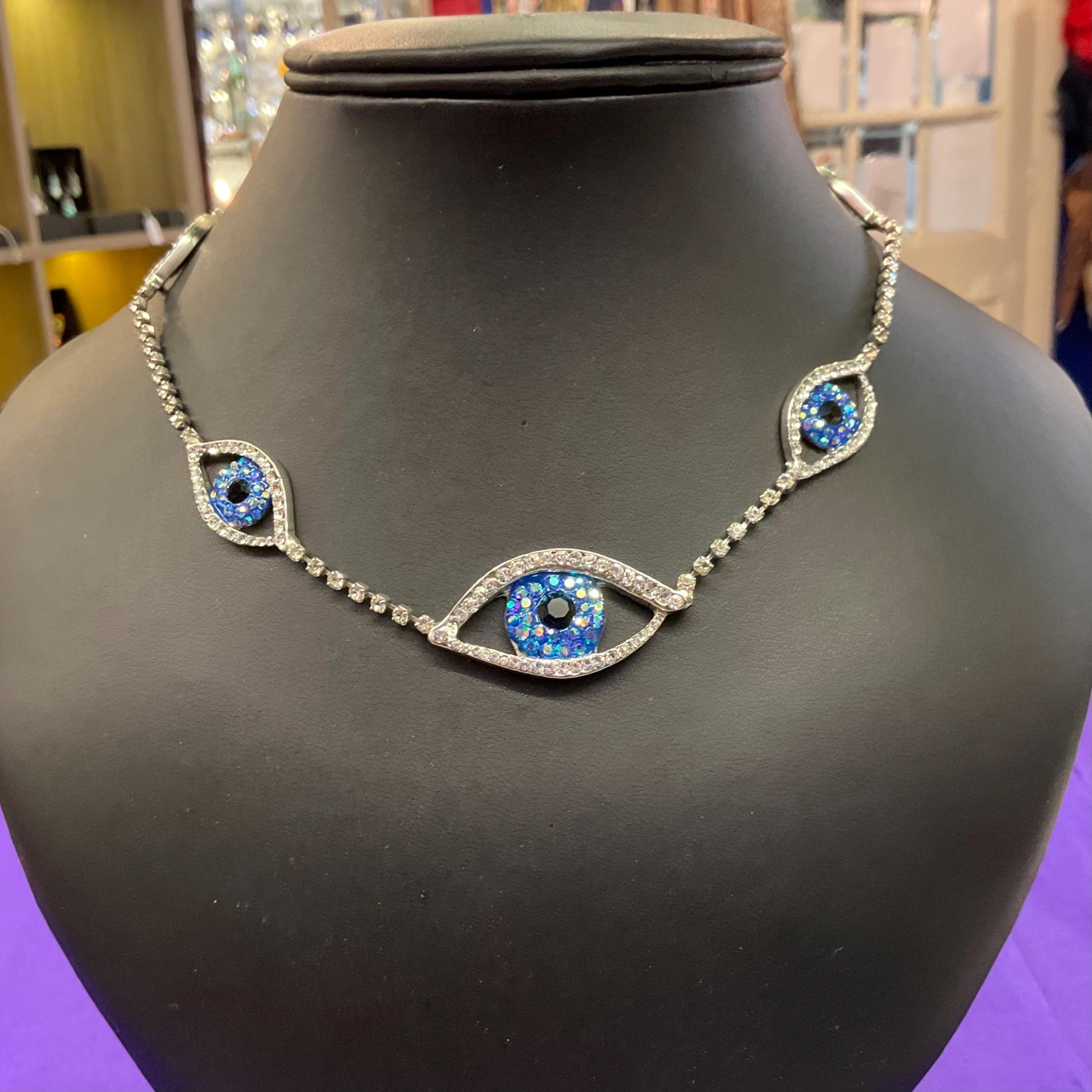 Vintage Butler and Wilson Crystal Eye Necklace, Silver Rhinestones with Blue Borealis and Black Crystals