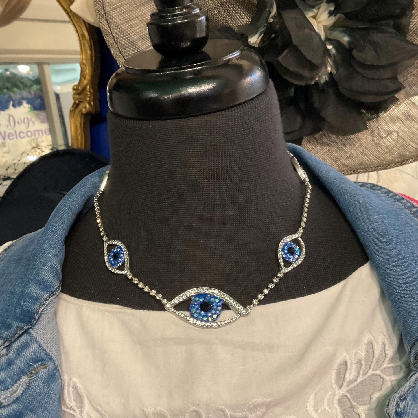 Vintage Butler and Wilson Crystal Eye Necklace, Silver Rhinestones with Blue Borealis and Black Crystals