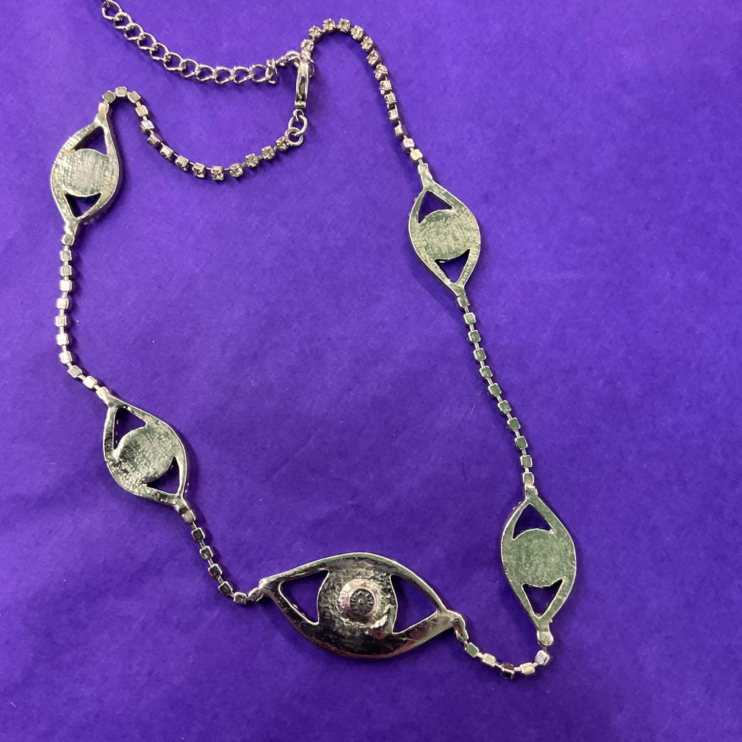 Vintage Butler and Wilson Crystal Eye Necklace, Silver Rhinestones with Blue Borealis and Black Crystals
