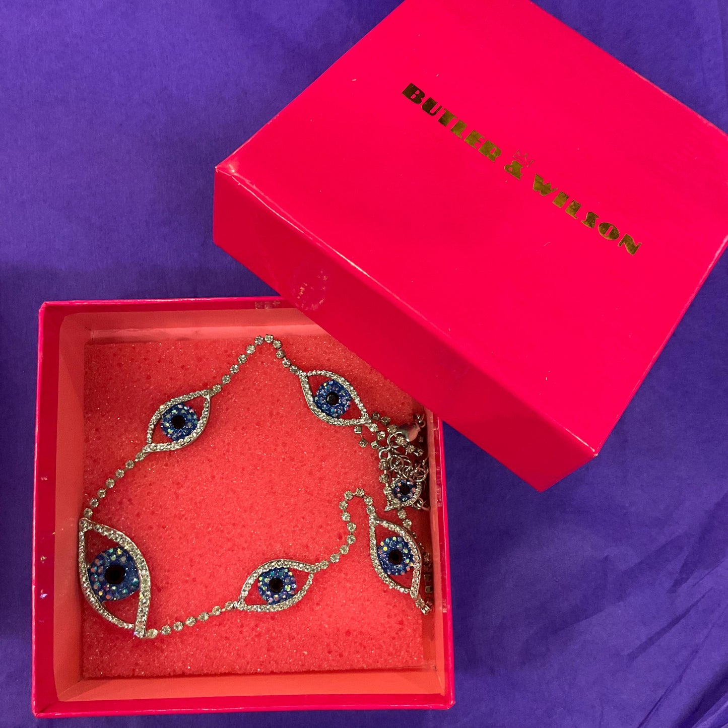 Vintage Butler and Wilson Crystal Eye Necklace, Silver Rhinestones with Blue Borealis and Black Crystals