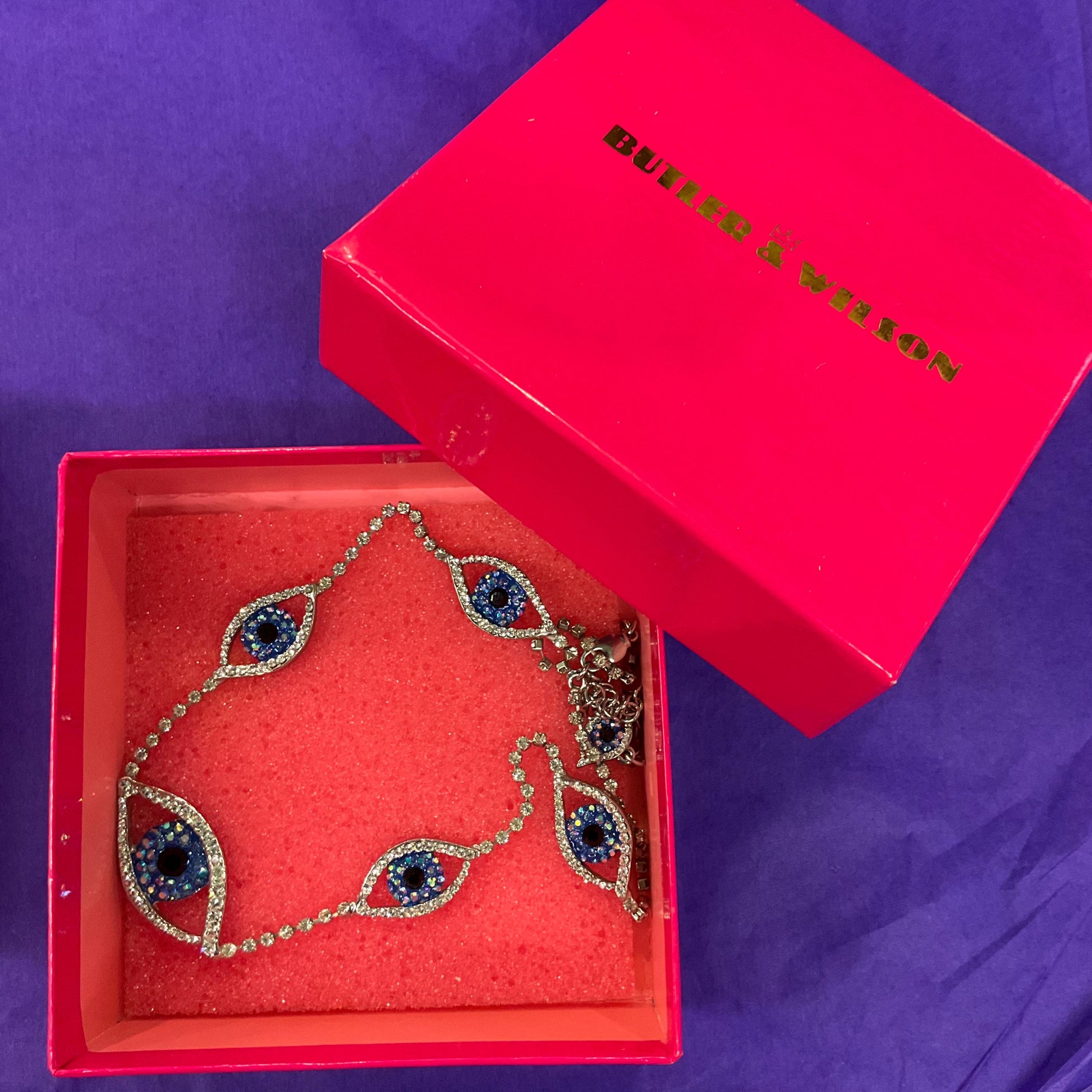 Vintage Butler and Wilson Crystal Eye Necklace, Silver Rhinestones with Blue Borealis and Black Crystals