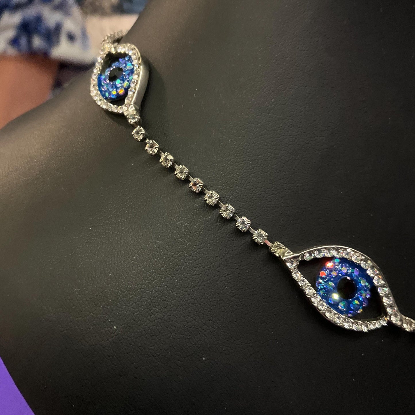 Vintage Butler and Wilson Crystal Eye Necklace, Silver Rhinestones with Blue Borealis and Black Crystals
