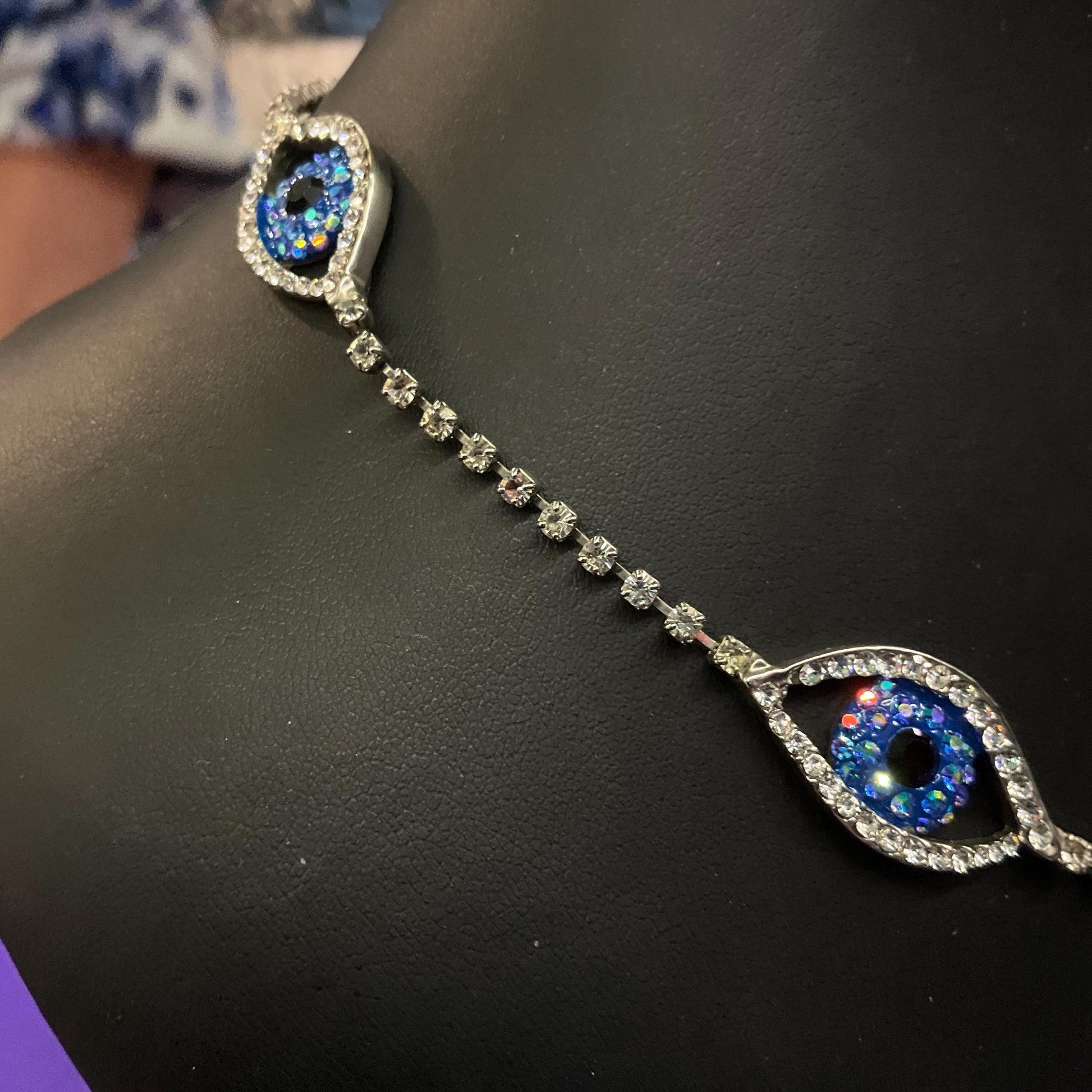 Vintage Butler and Wilson Crystal Eye Necklace, Silver Rhinestones with Blue Borealis and Black Crystals