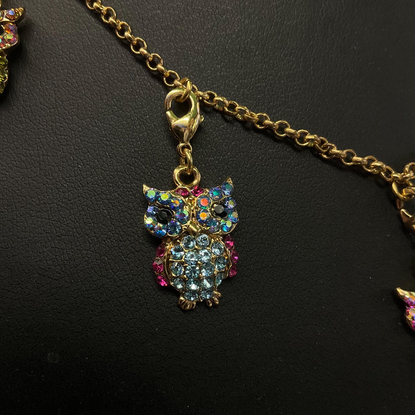 Vintage Butler and Wilson Rainbow Crystal Owl Charm Necklace , Gold tone with multicolored pastel Borealis rhinestones