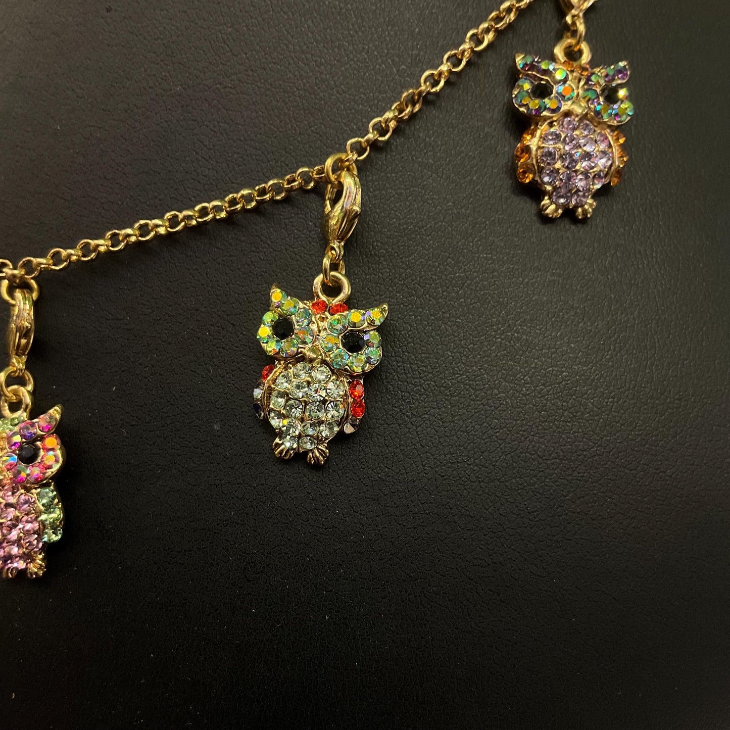 Vintage Butler and Wilson Rainbow Crystal Owl Charm Necklace , Gold tone with multicolored pastel Borealis rhinestones