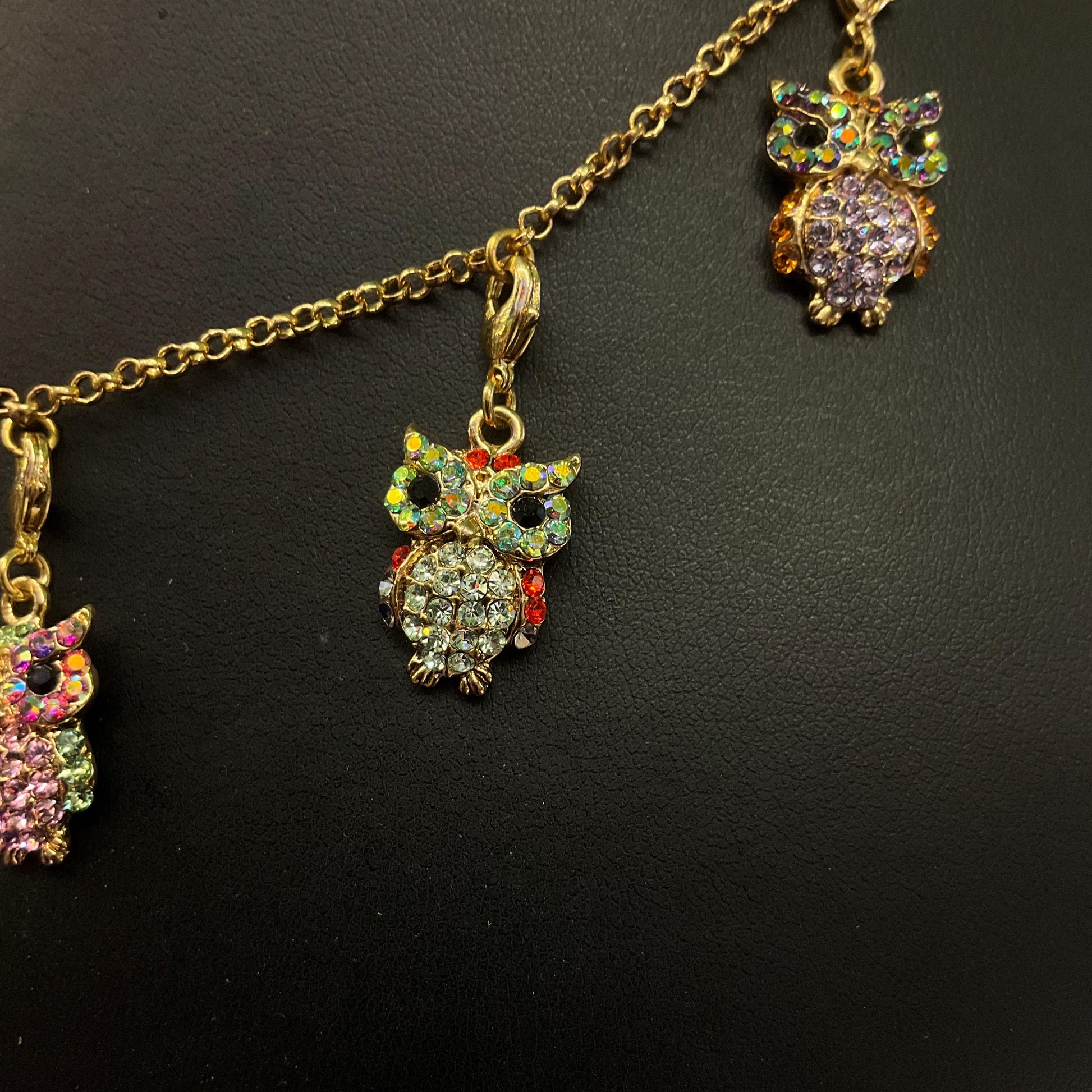 Vintage Butler and Wilson Rainbow Crystal Owl Charm Necklace , Gold tone with multicolored pastel Borealis rhinestones