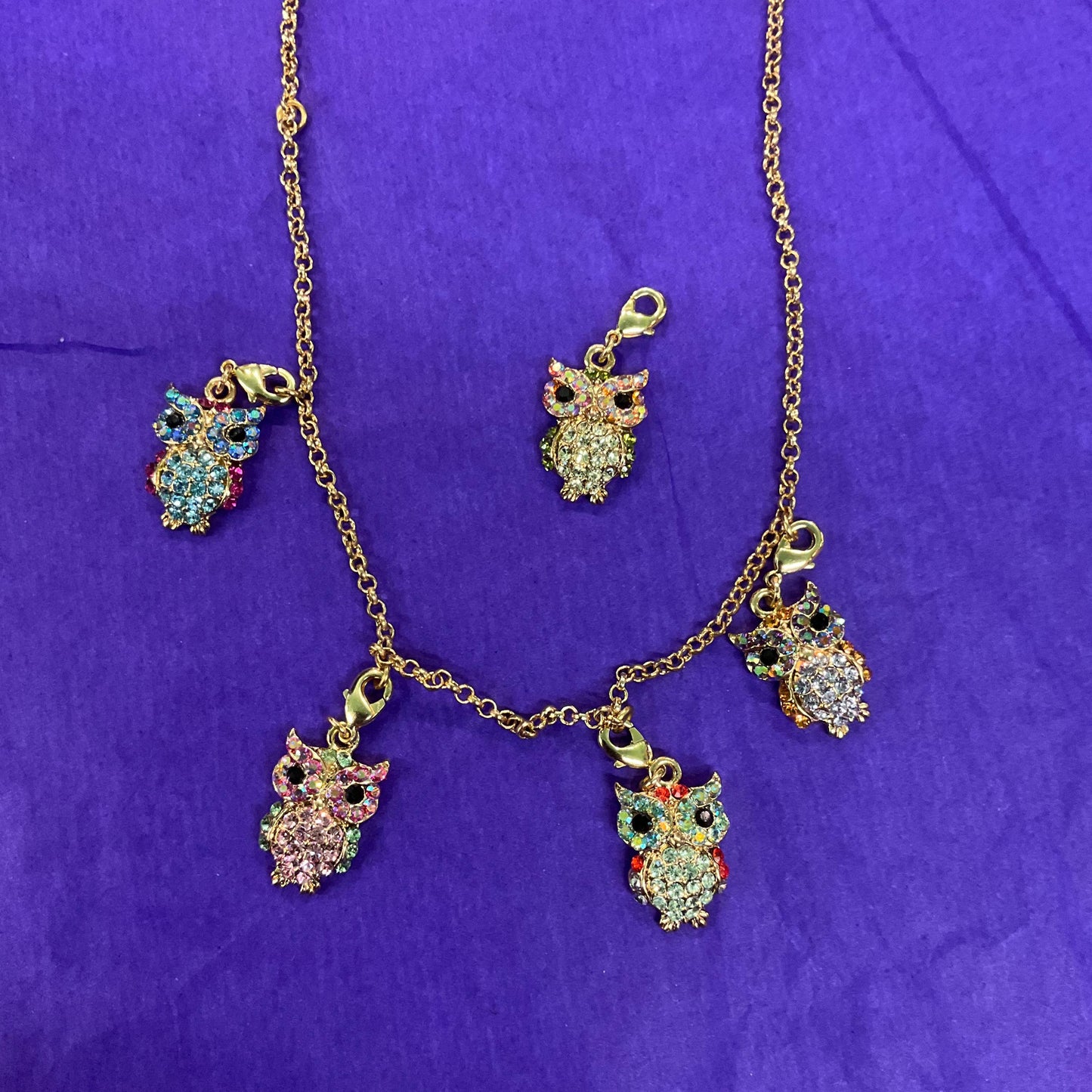 Vintage Butler and Wilson Rainbow Crystal Owl Charm Necklace , Gold tone with multicolored pastel Borealis rhinestones