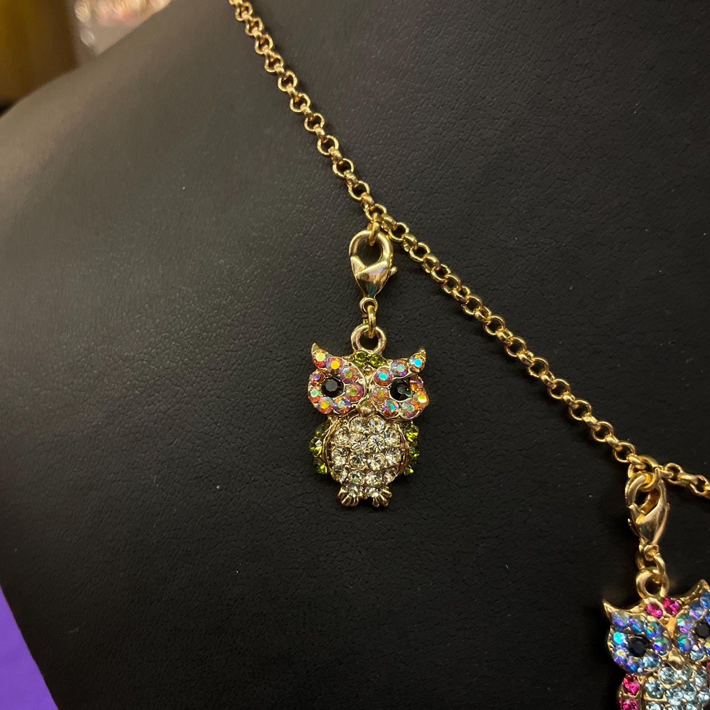 Vintage Butler and Wilson Rainbow Crystal Owl Charm Necklace , Gold tone with multicolored pastel Borealis rhinestones