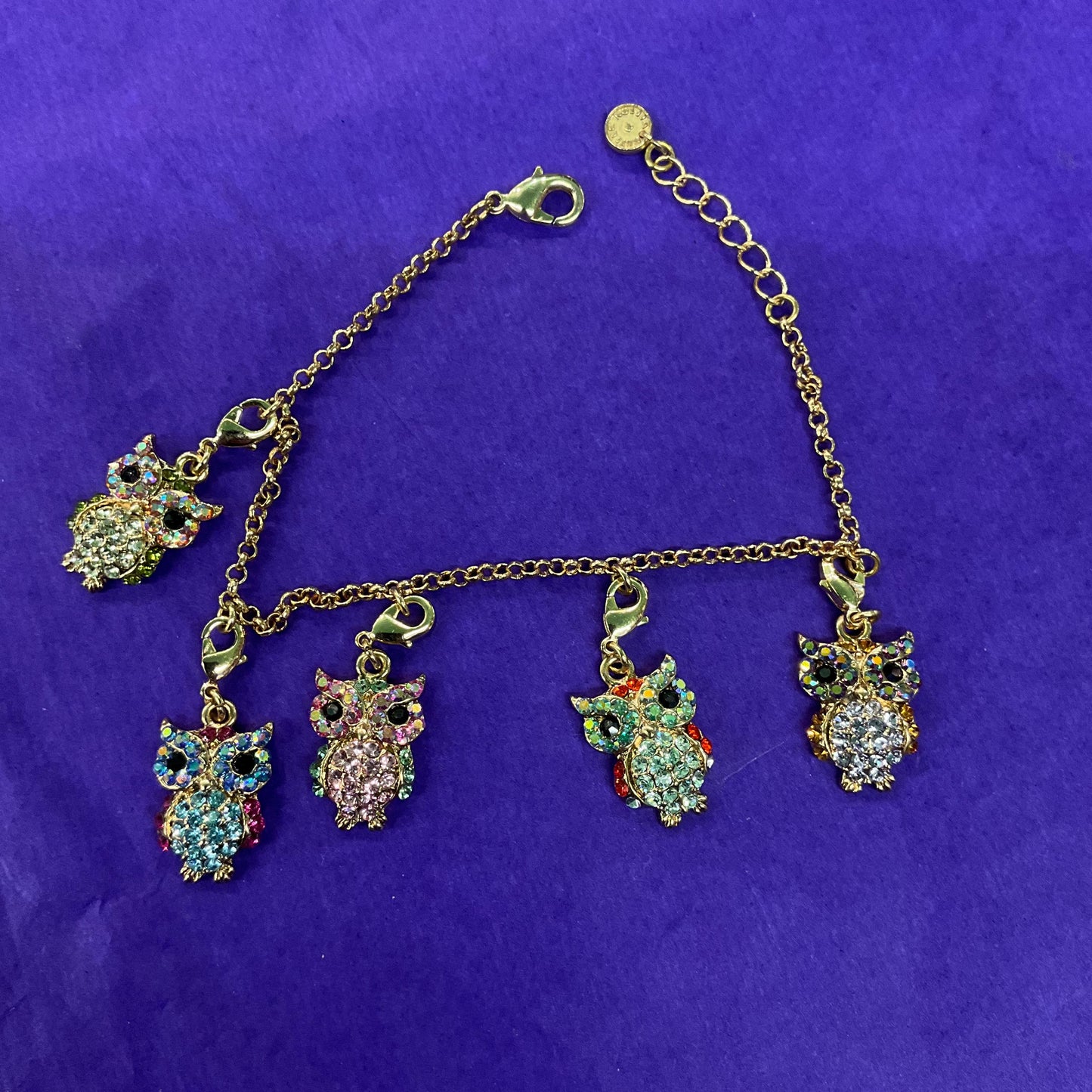 Vintage Butler and Wilson Rainbow Crystal Owl Charm Bracelet, gold tone with multicolored pastel borealis rhinestones