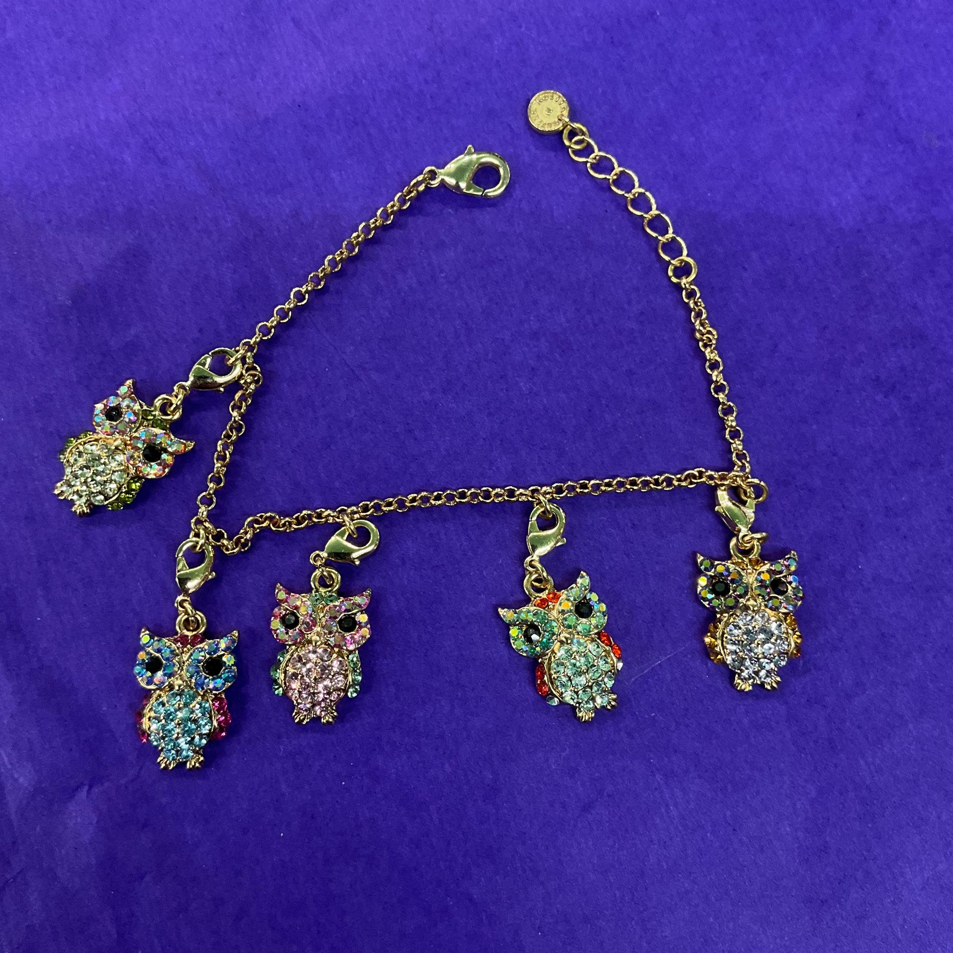 Vintage Butler and Wilson Rainbow Crystal Owl Charm Bracelet, gold tone with multicolored pastel borealis rhinestones