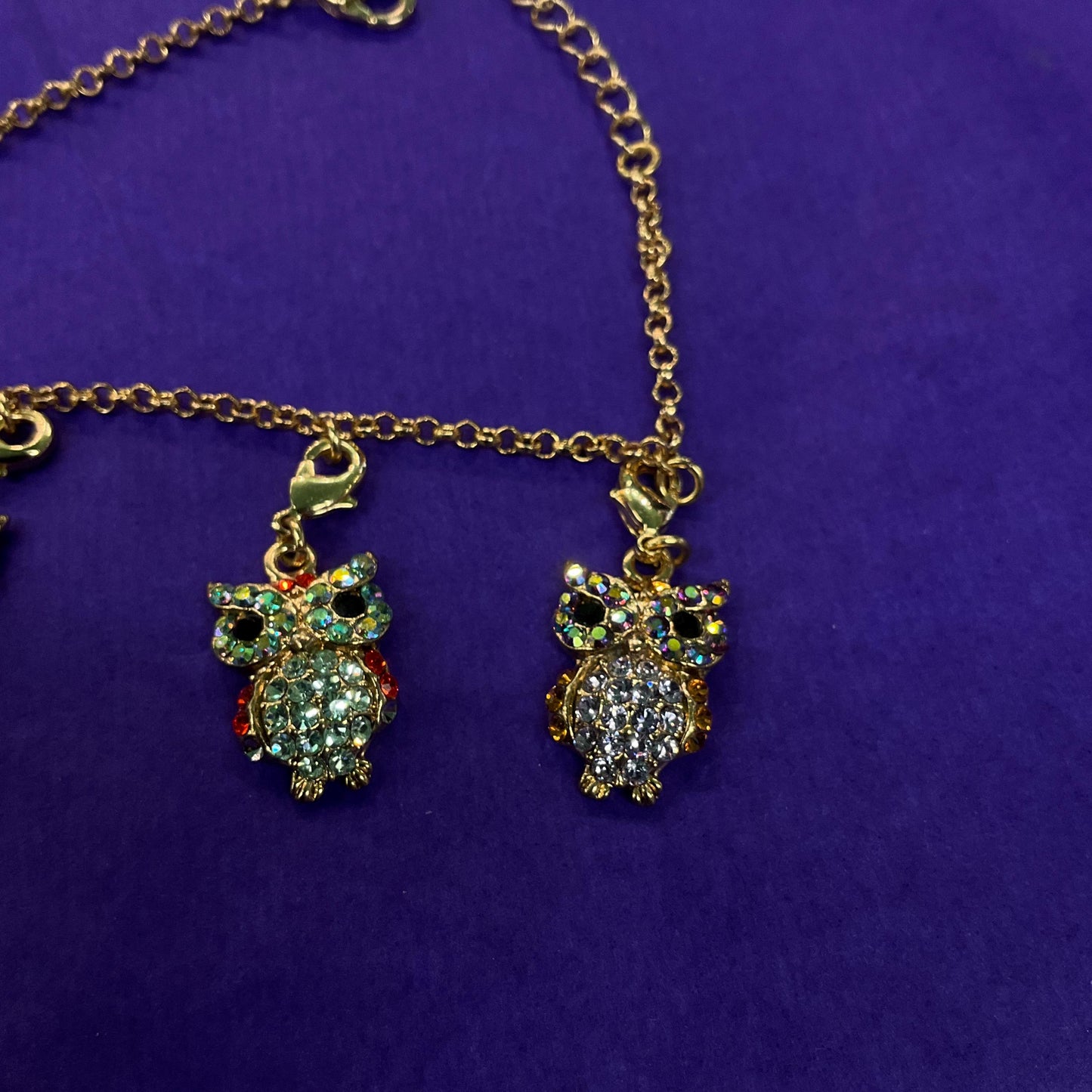 Vintage Butler and Wilson Rainbow Crystal Owl Charm Bracelet, gold tone with multicolored pastel borealis rhinestones