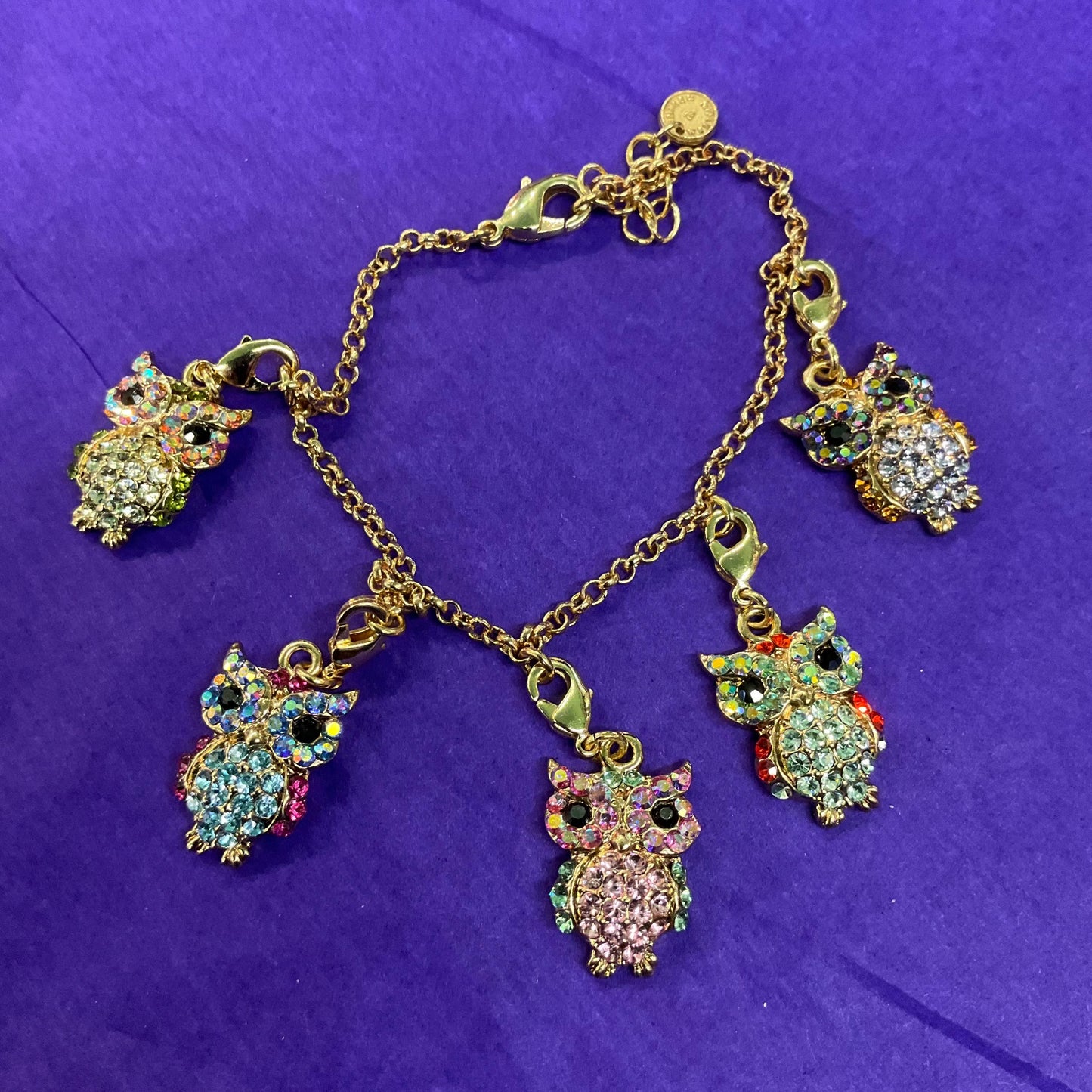 Vintage Butler and Wilson Rainbow Crystal Owl Charm Bracelet, gold tone with multicolored pastel borealis rhinestones