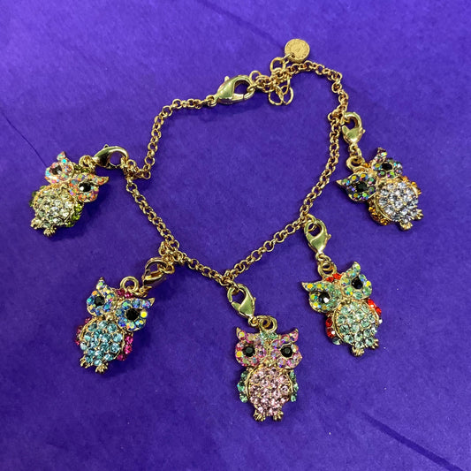 Vintage Butler and Wilson Rainbow Crystal Owl Charm Bracelet, gold tone with multicolored pastel borealis rhinestones