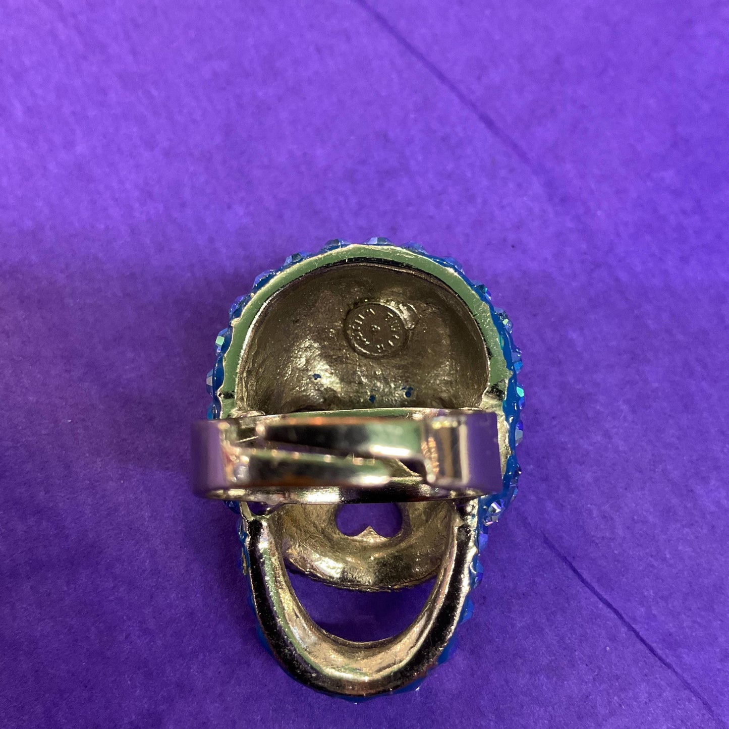 Vintage Butler and Wilson Blue Crystal Skull Statement Ring, Borealis blue rhinestones, Adjustable from size UK ‘O’, US size 7.25