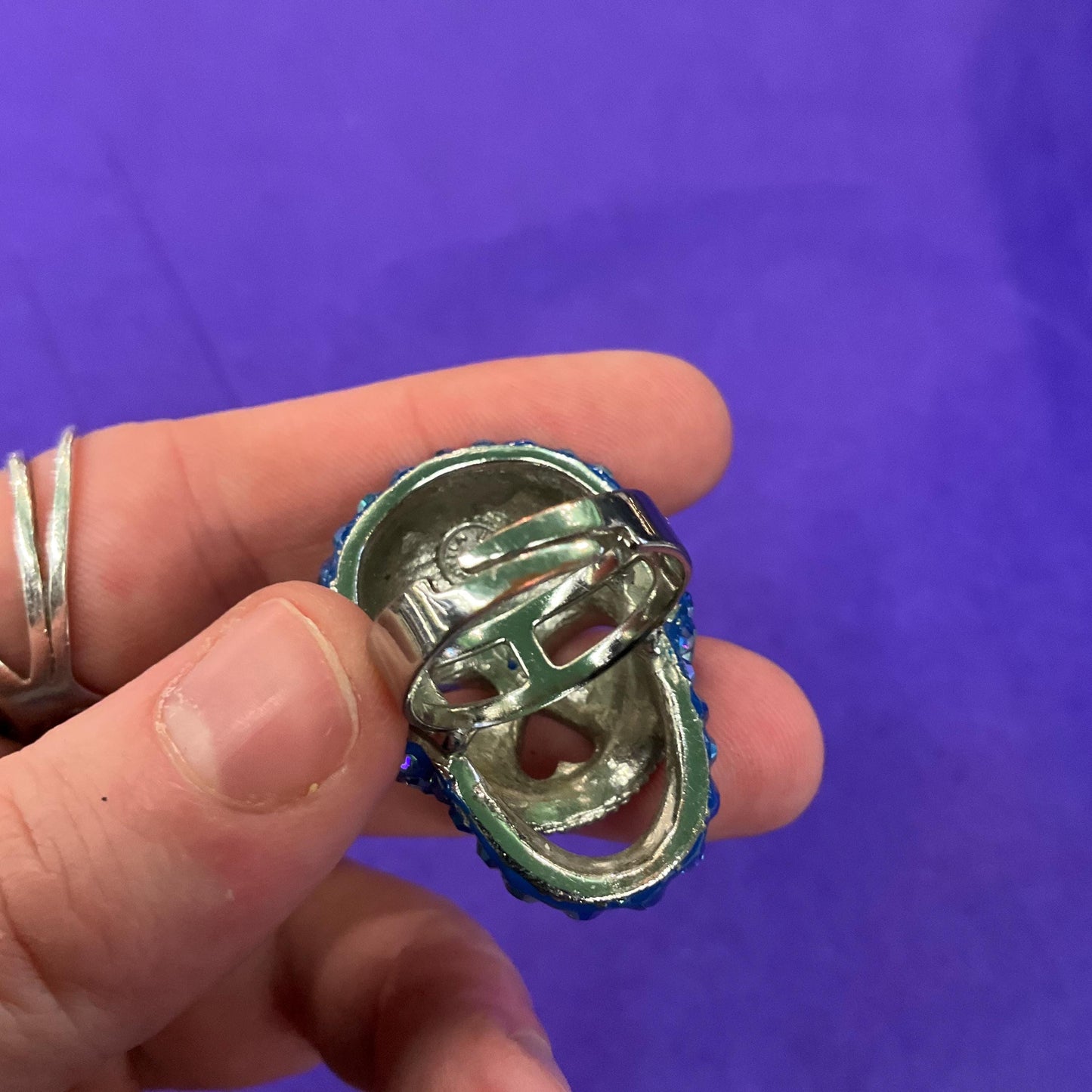 Vintage Butler and Wilson Blue Crystal Skull Statement Ring, Borealis blue rhinestones, Adjustable from size UK ‘O’, US size 7.25