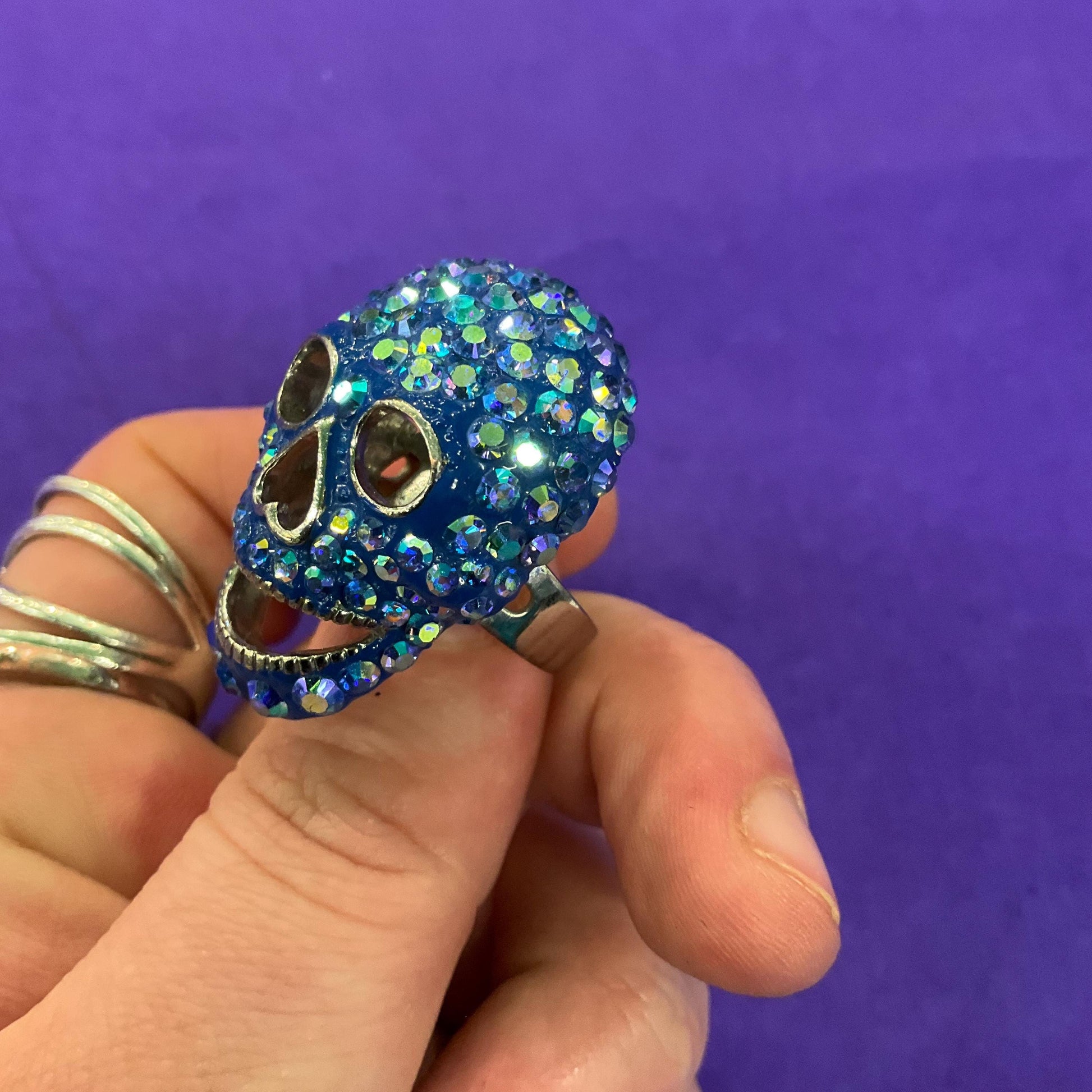 Vintage Butler and Wilson Blue Crystal Skull Statement Ring, Borealis blue rhinestones, Adjustable from size UK ‘O’, US size 7.25