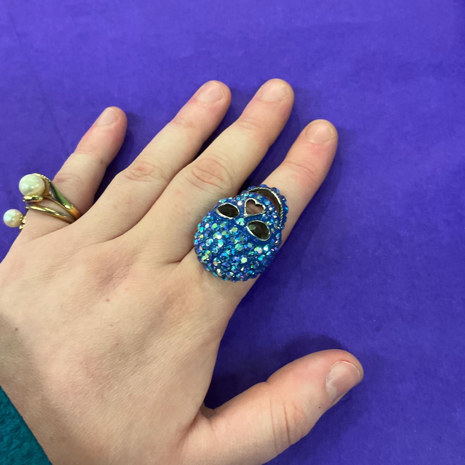 Vintage Butler and Wilson Blue Crystal Skull Statement Ring, Borealis blue rhinestones, Adjustable from size UK ‘O’, US size 7.25
