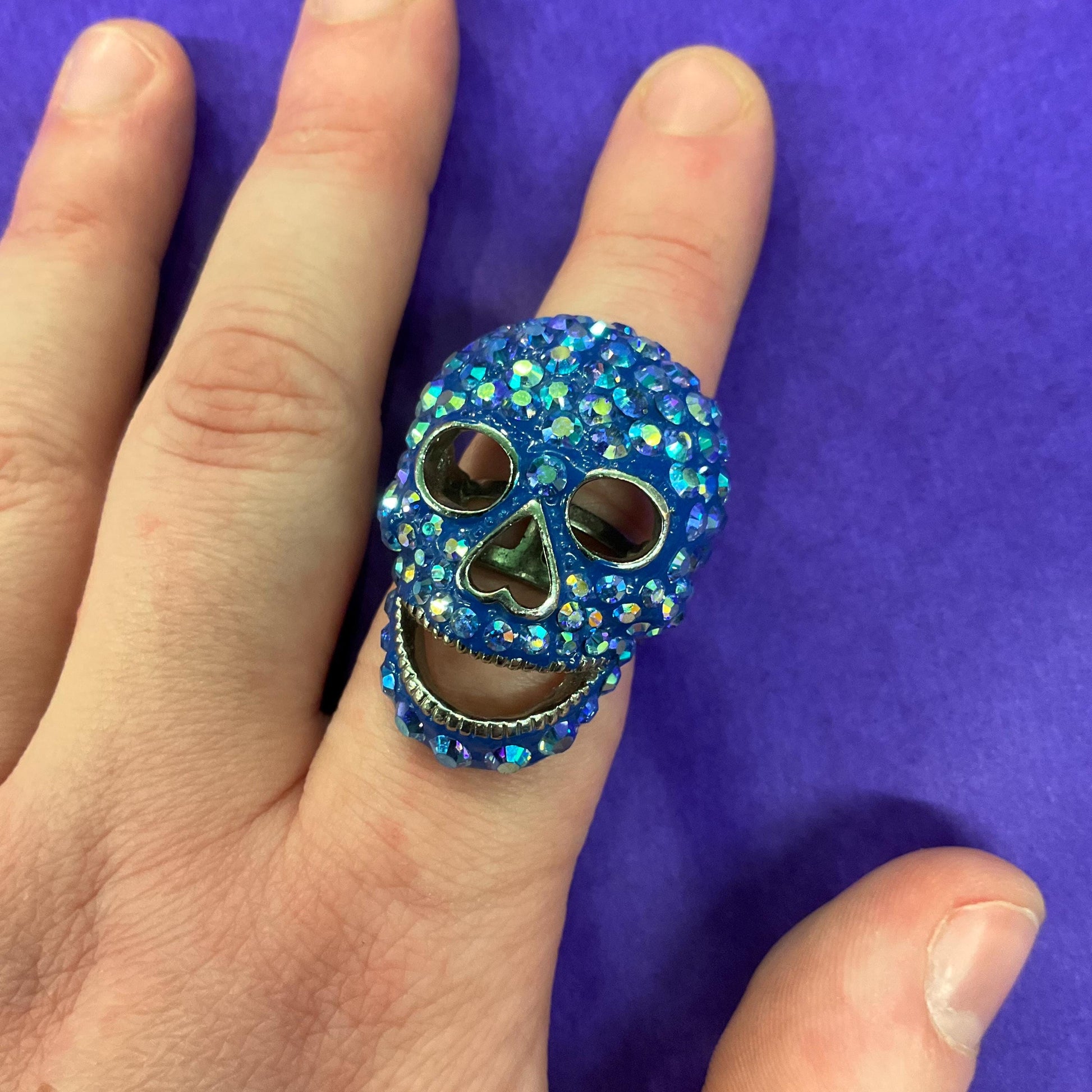 Vintage Butler and Wilson Blue Crystal Skull Statement Ring, Borealis blue rhinestones, Adjustable from size UK ‘O’, US size 7.25