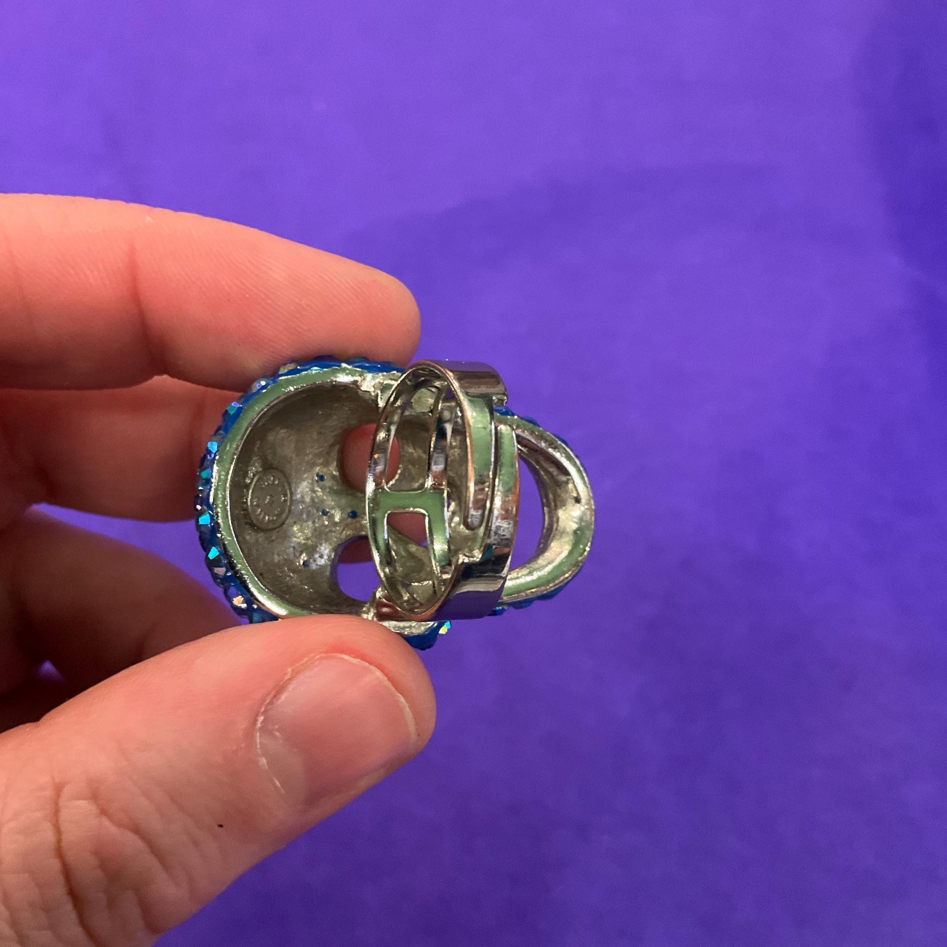 Vintage Butler and Wilson Blue Crystal Skull Statement Ring, Borealis blue rhinestones, Adjustable from size UK ‘O’, US size 7.25