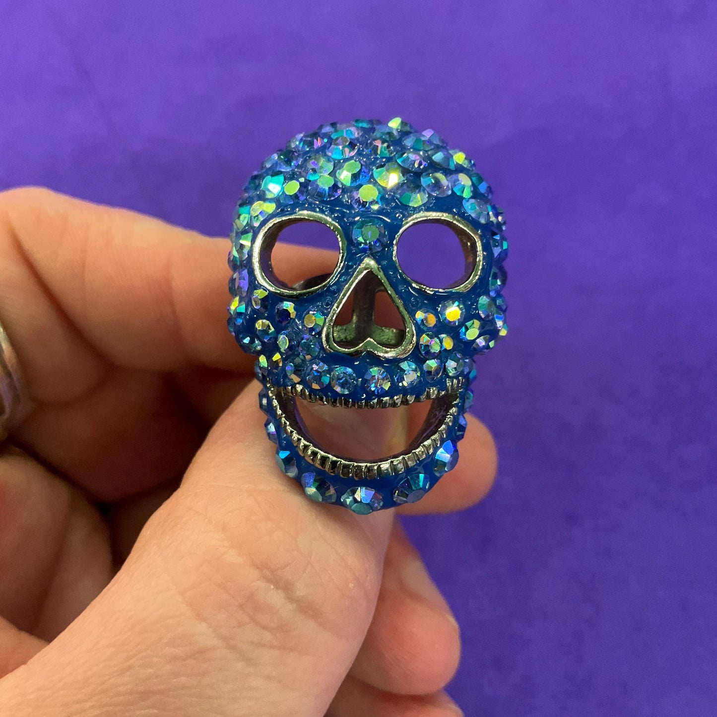 Vintage Butler and Wilson Blue Crystal Skull Statement Ring, Borealis blue rhinestones, Adjustable from size UK ‘O’, US size 7.25
