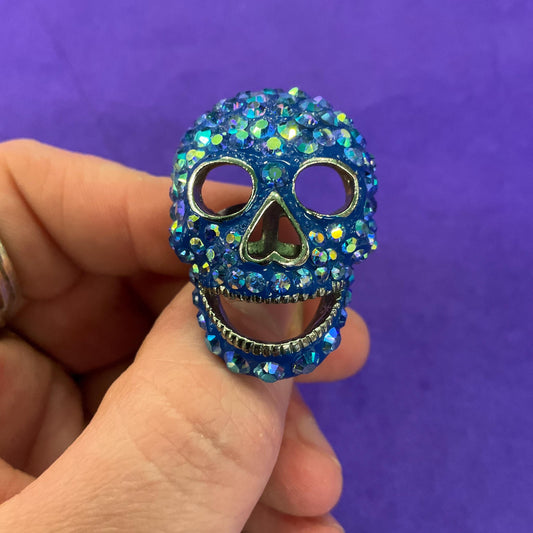 Vintage Butler and Wilson Blue Crystal Skull Statement Ring, Borealis blue rhinestones, Adjustable from size UK ‘O’, US size 7.25