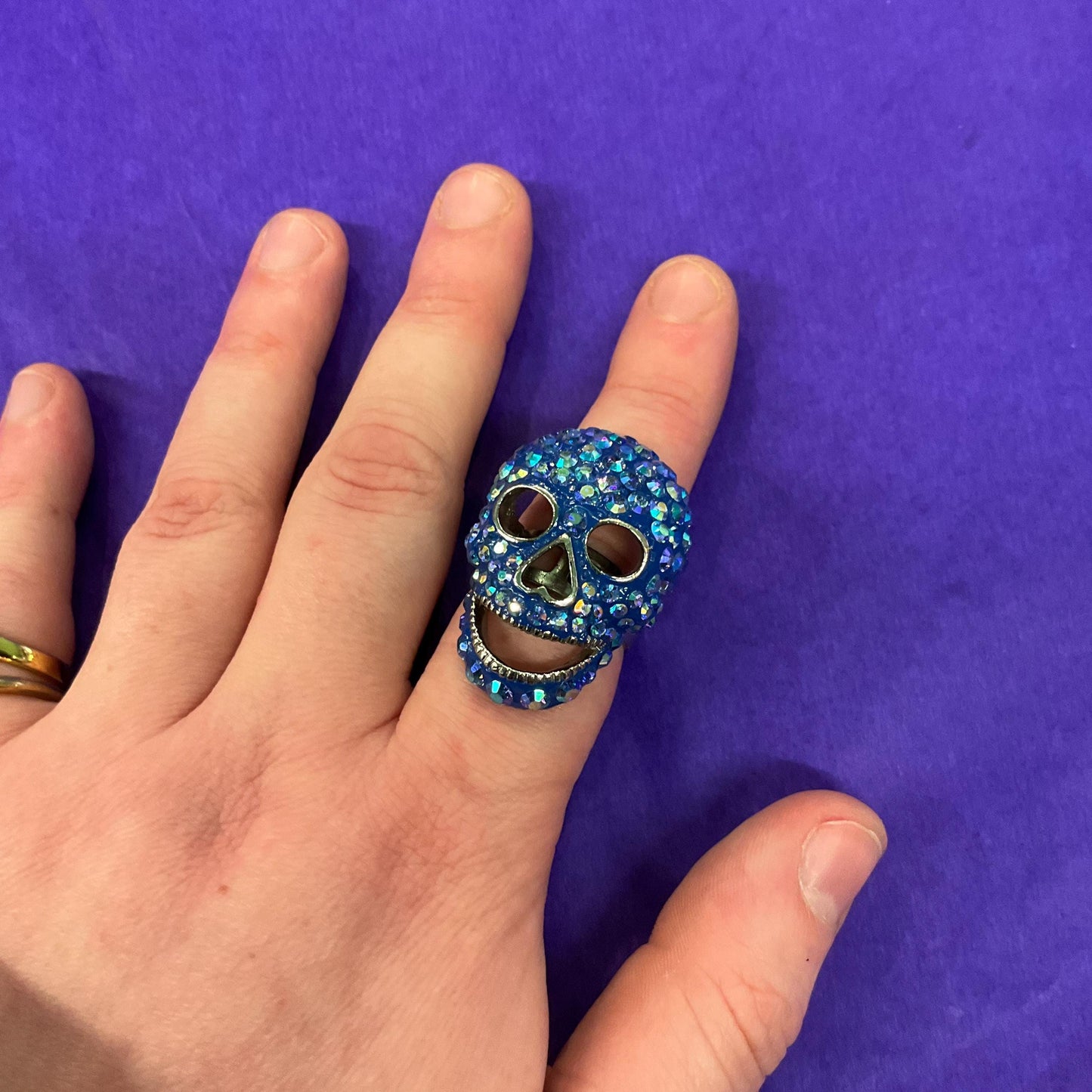Vintage Butler and Wilson Blue Crystal Skull Statement Ring, Borealis blue rhinestones, Adjustable from size UK ‘O’, US size 7.25